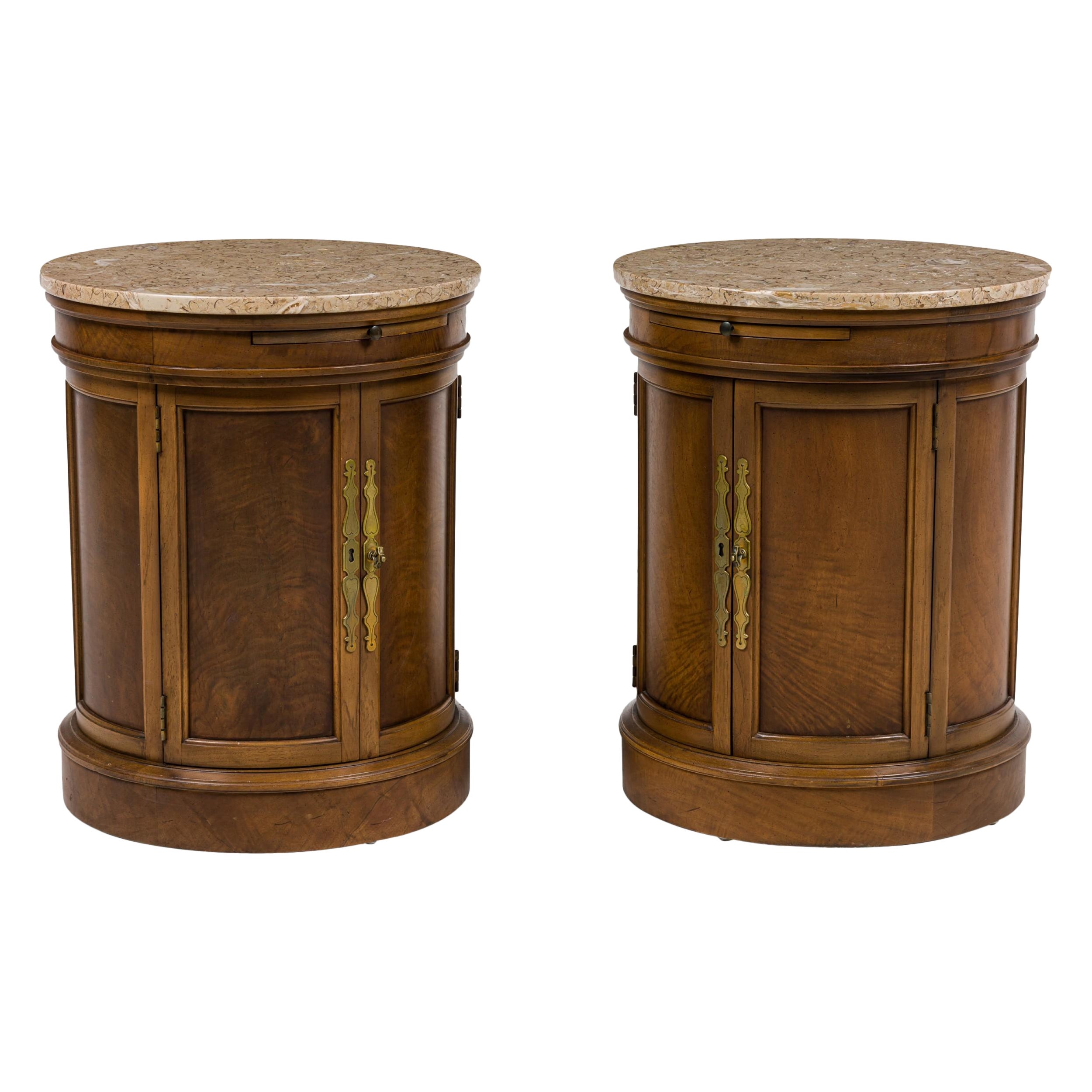 Pair of Tomlinson American Mid-Century Round Marble Top Side Tables / Commodes For Sale