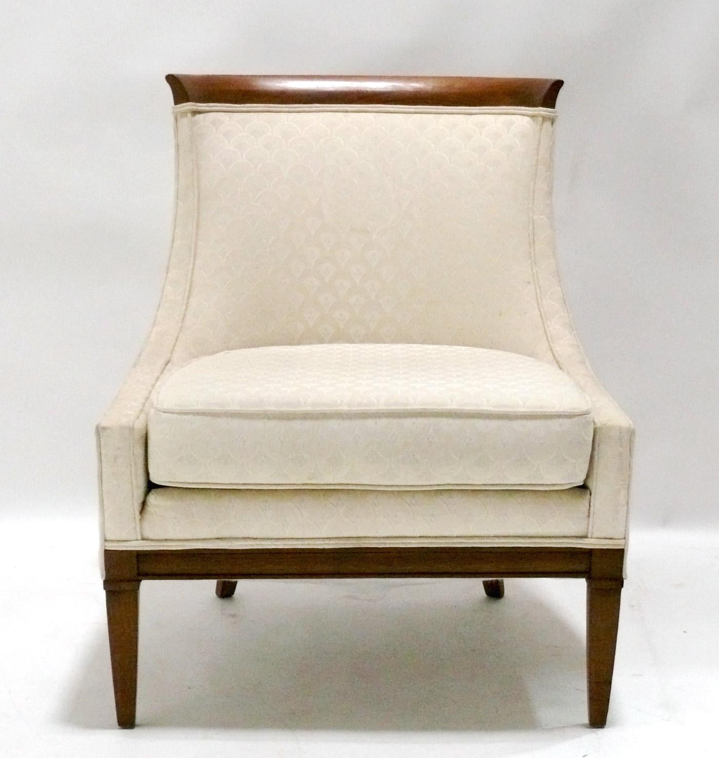 Pair of Elegant Lounge chairs, designed by Erwin Lambeth for Tomlinson, American, circa 1950s. These chairs are currently being refinished and reupholstered and can be completed in your choice of wood finish color and reupholstered in your fabric.