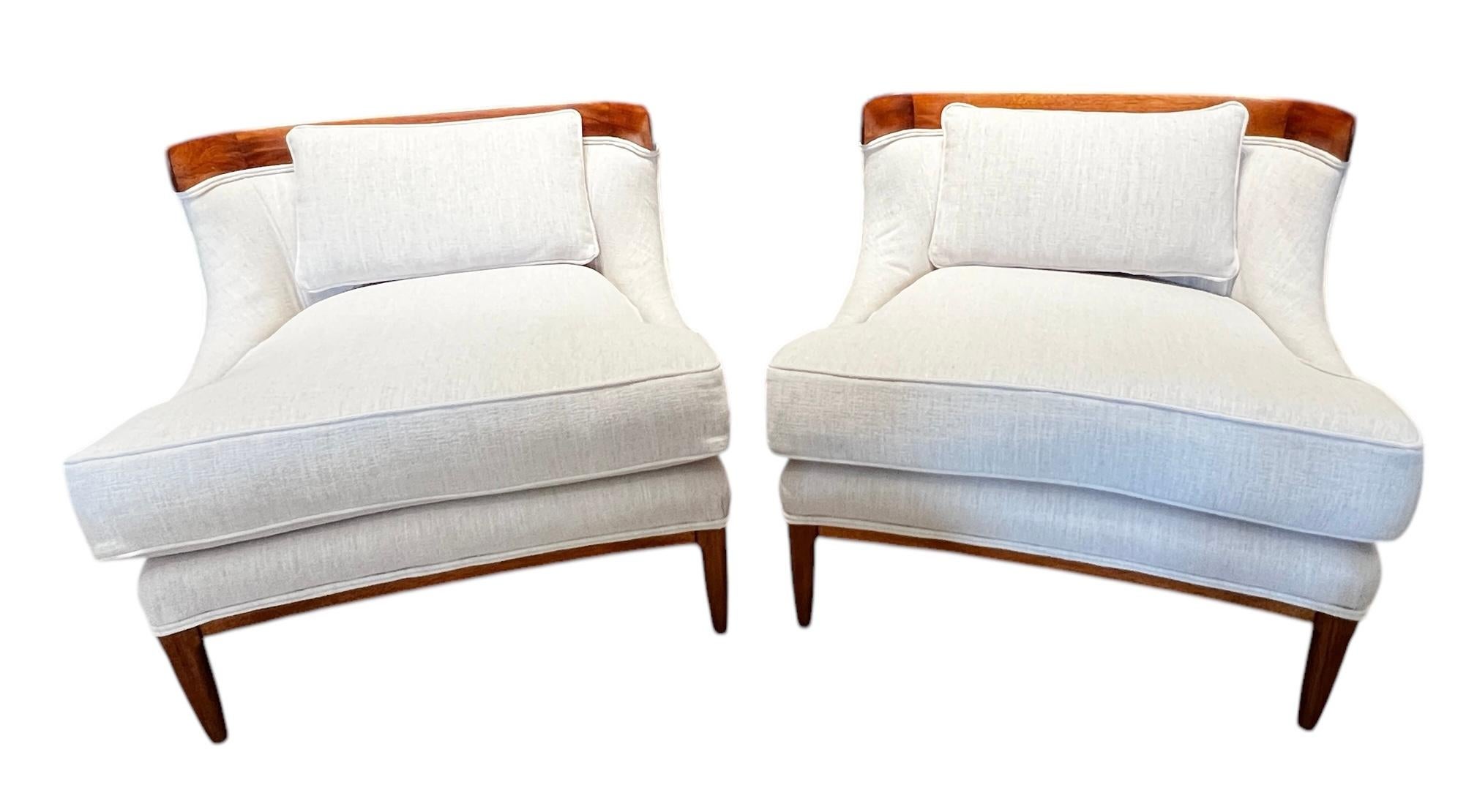 Pair of Tomlinson Sophisticate Slipper Chairs in Walnut and Ivory Woven Fabric 6