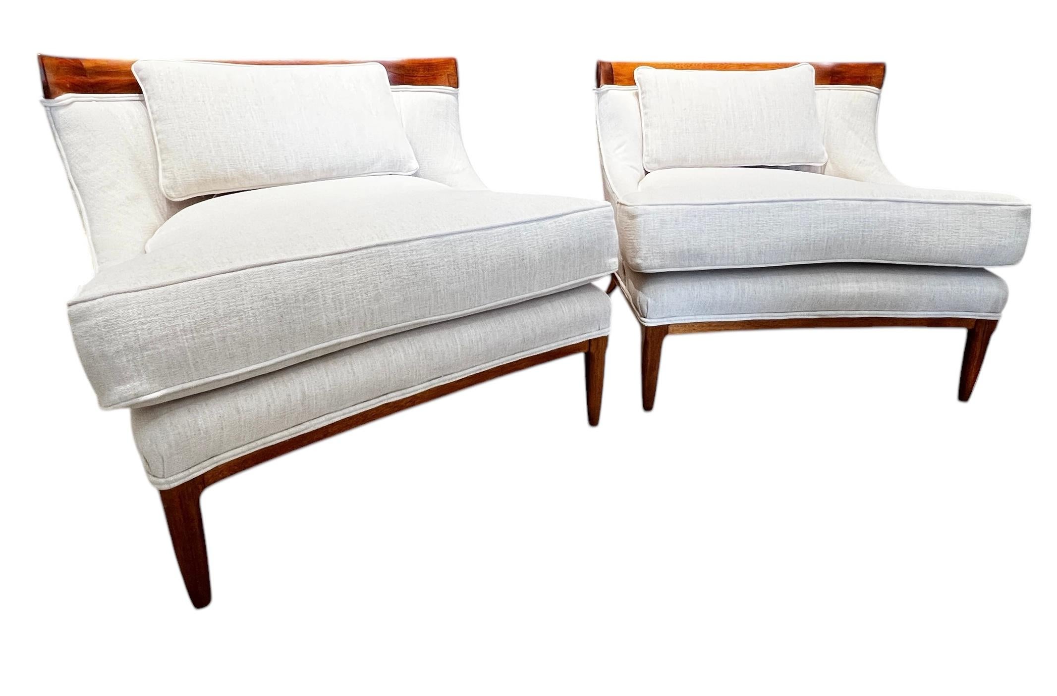 Pair of Tomlinson Sophisticate Slipper Chairs in Walnut and Ivory Woven Fabric 7