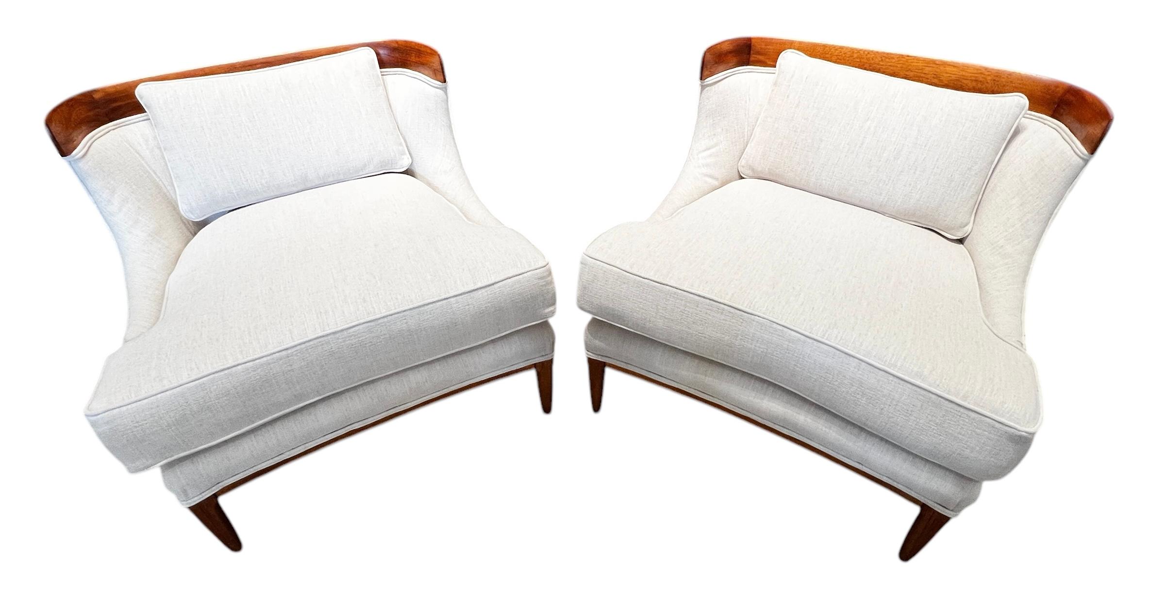 Mid-Century Modern Pair of Tomlinson Sophisticate Slipper Chairs in Walnut and Ivory Woven Fabric