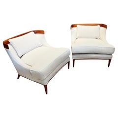 Pair of Tomlinson Sophisticate Slipper Chairs in Walnut and Ivory Woven Fabric