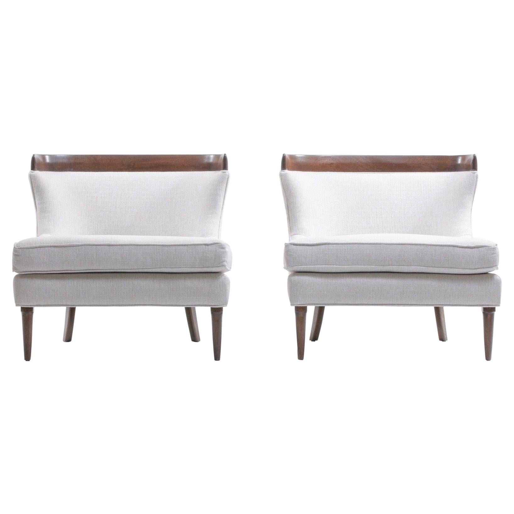 Pair of Tomlinson Sophisticate Slipper Chairs in Walnut with Ivory Woven Fabric
