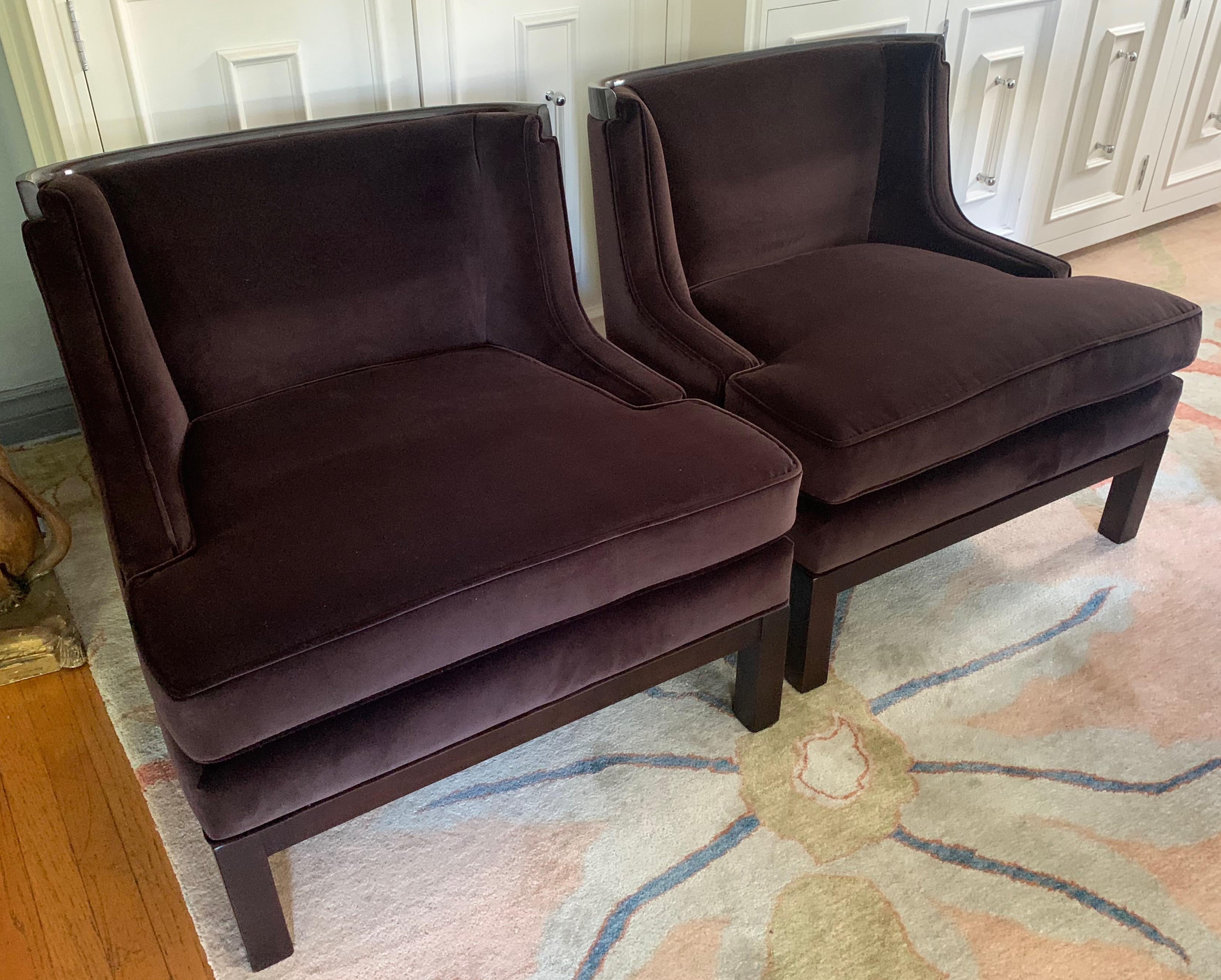 Pair of Tomlinson style chairs, frames and upholstery is new. An original painted frame has been refinished in a dark walnut, with upholstery in dark chocolate mohair.

A handsome pair of chairs, low and sexy, perfect for the library, bedroom or