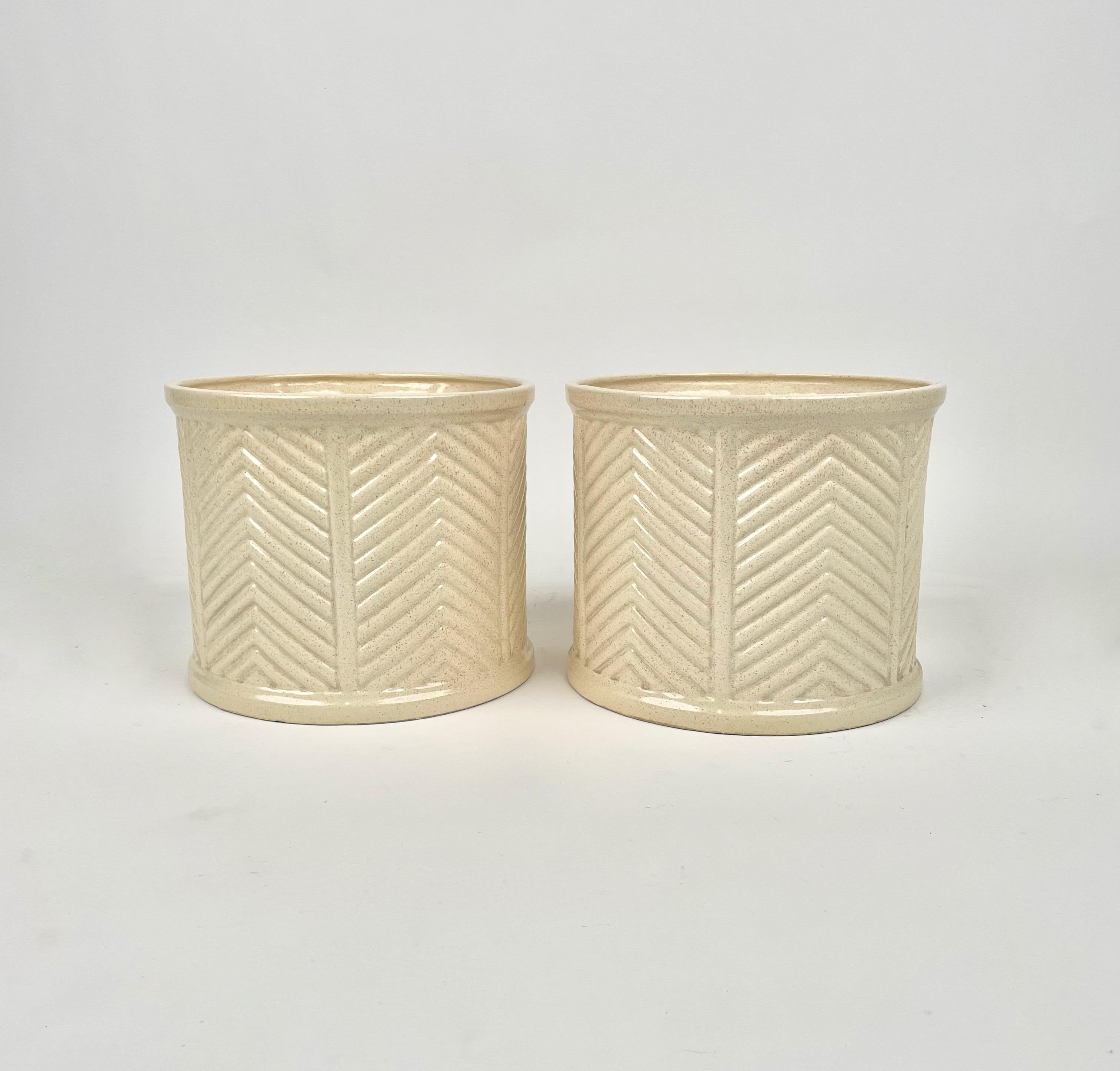 Mid-Century Modern Pair of Tommaso Barbi Beige Ceramic Vase, Italy, 1970s For Sale