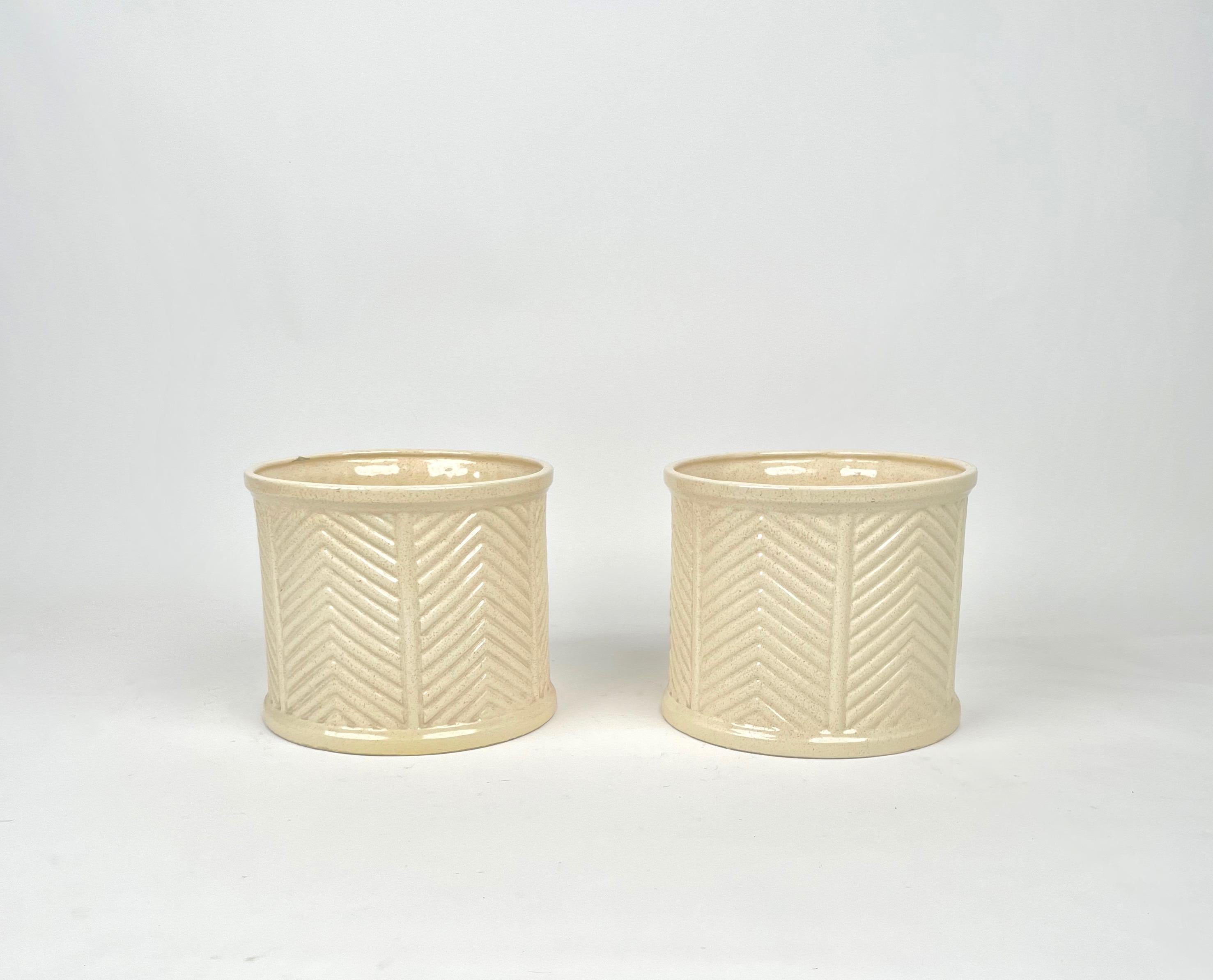 Italian Pair of Tommaso Barbi Beige Ceramic Vase, Italy, 1970s For Sale