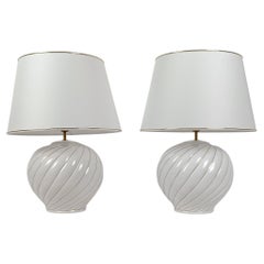 Pair of Tommaso Barbi's Table Lamps in white and gold glazed ribbed ceramic, 70s