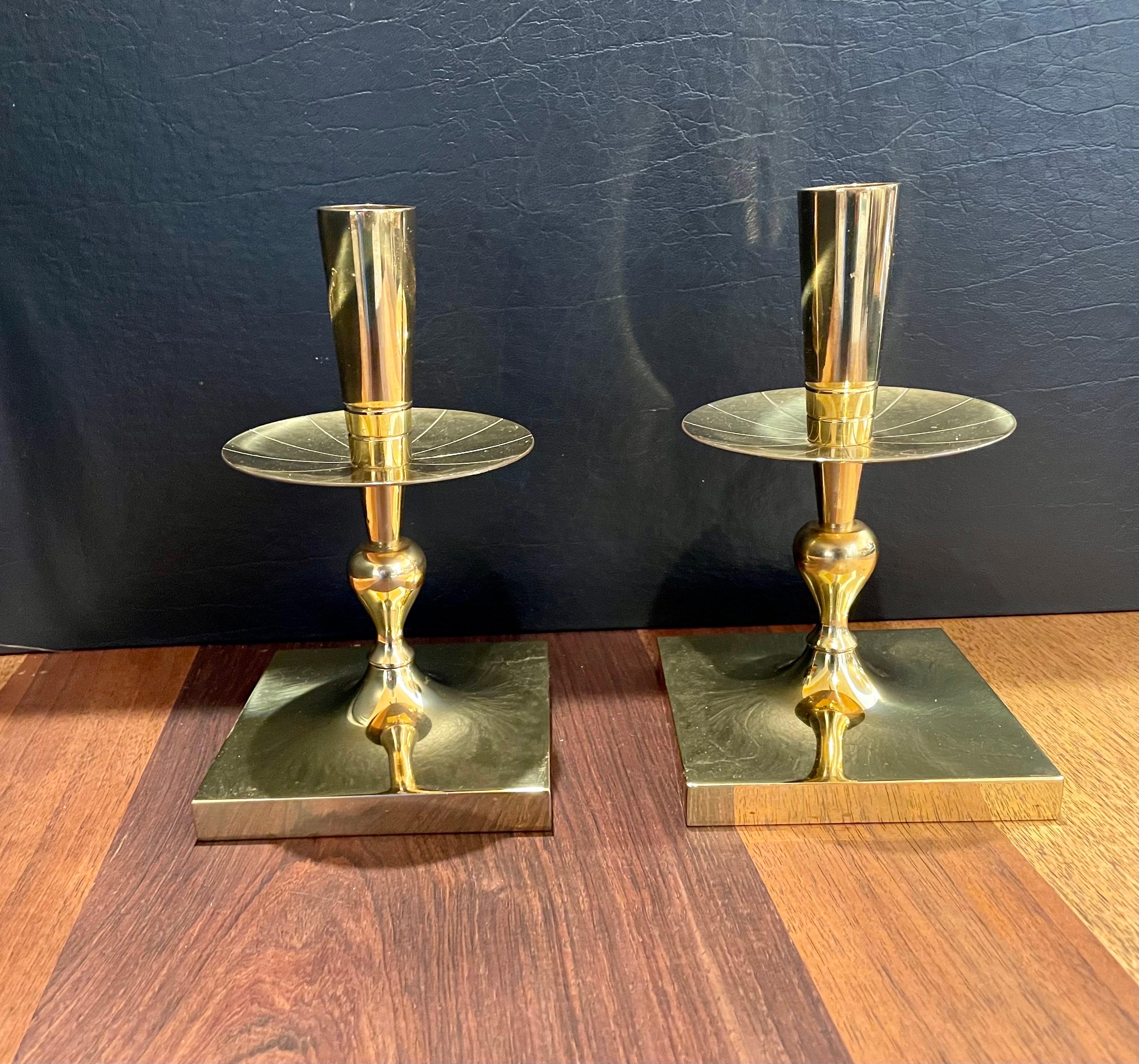 Hollywood Regency Pair of Tommi Parzinger Brass Candleholders Made by Dorlyn Silversmiths For Sale