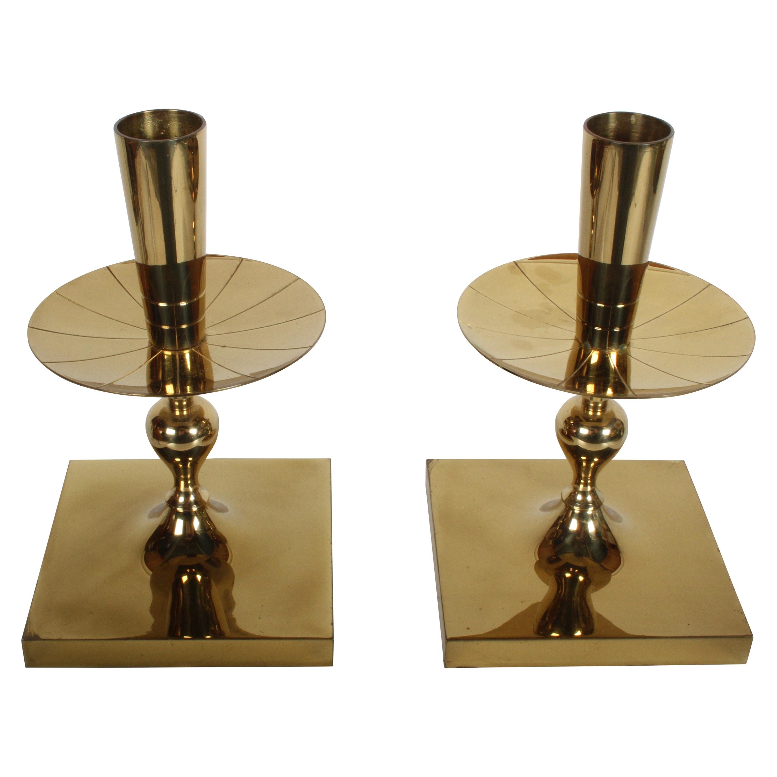 Pair of Tommi Parzinger Brass Candleholders Made by Dorlyn-Silversmiths