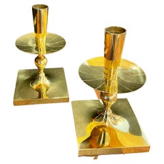Vintage Pair of Tommi Parzinger Brass Candleholders Made by Dorlyn Silversmiths