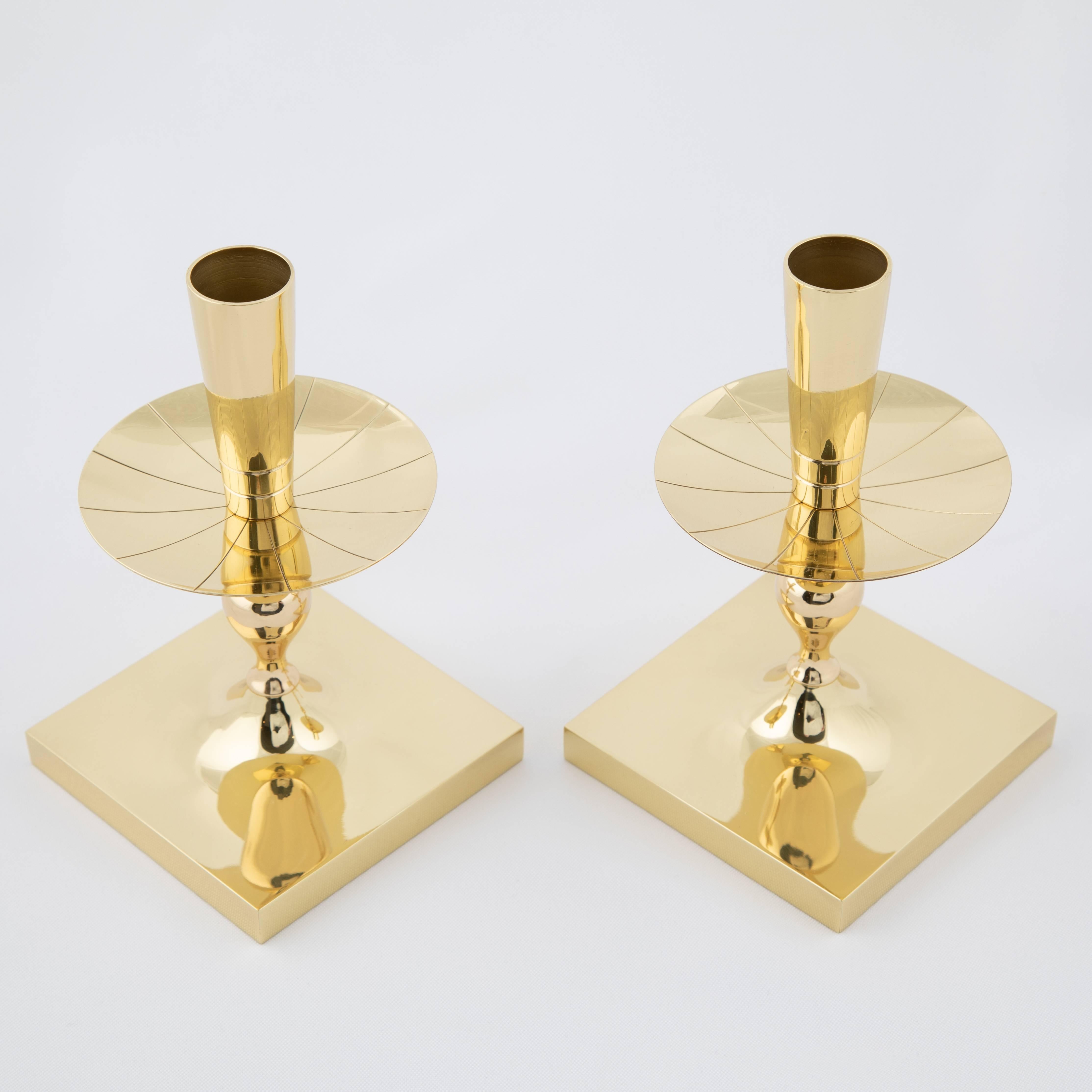 American Pair of Tommi Parzinger Brass Candleholders with Square Bases, circa 1950s For Sale