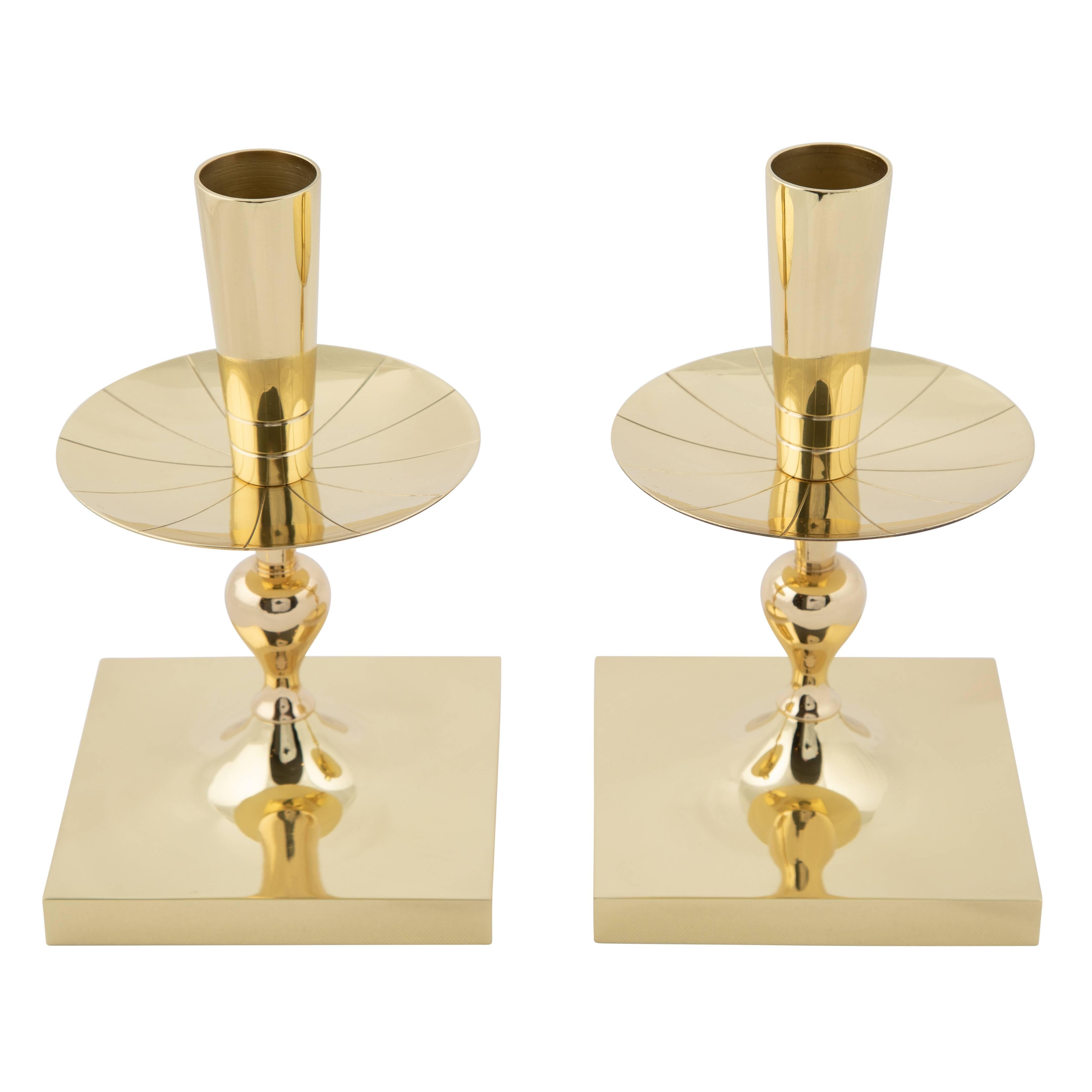 Pair of Tommi Parzinger Brass Candleholders with Square Bases, circa 1950s For Sale