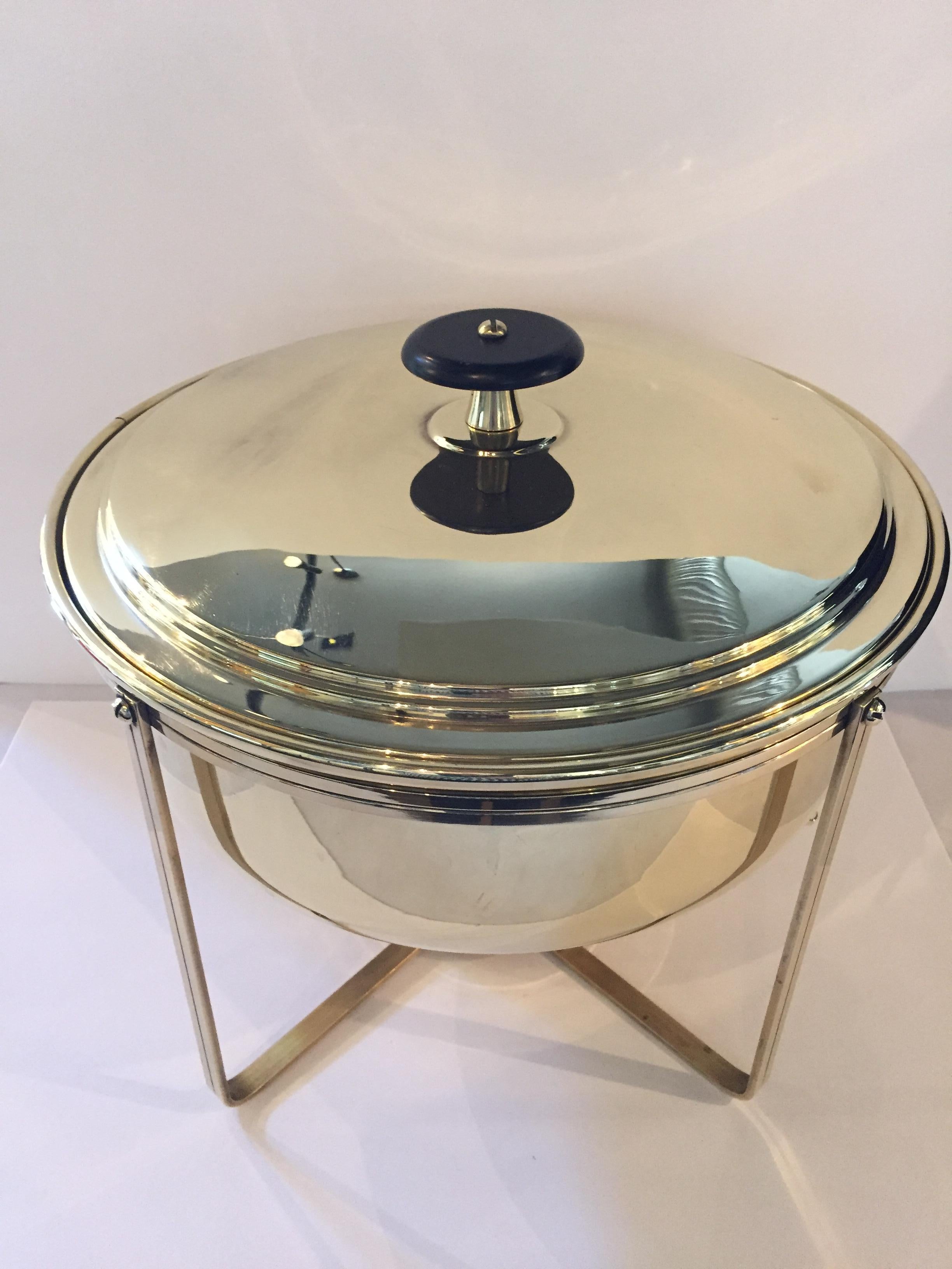 Lacquered Pair of Tommi Parzinger Brass Dorlyn Silversmiths Chafing Dishes