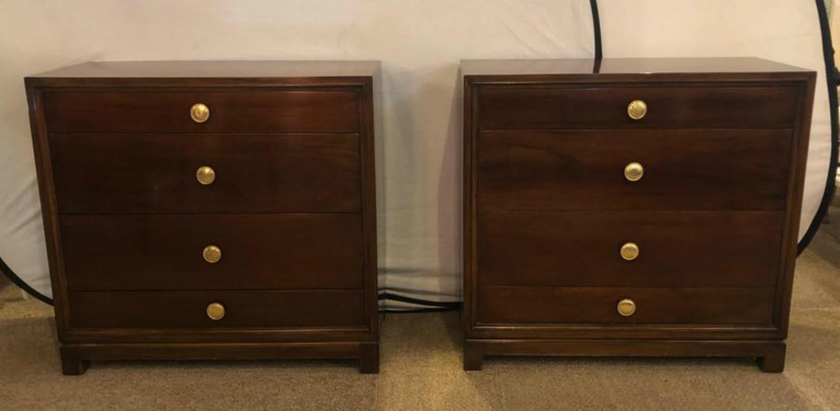 Pair of Tommi Parzinger chests both stamped Charak Modern. This fine custom quality pair of night tables, commodes or chests have been hand rubbed French polished and are a shinning example of this highly sought after designers work and commitment