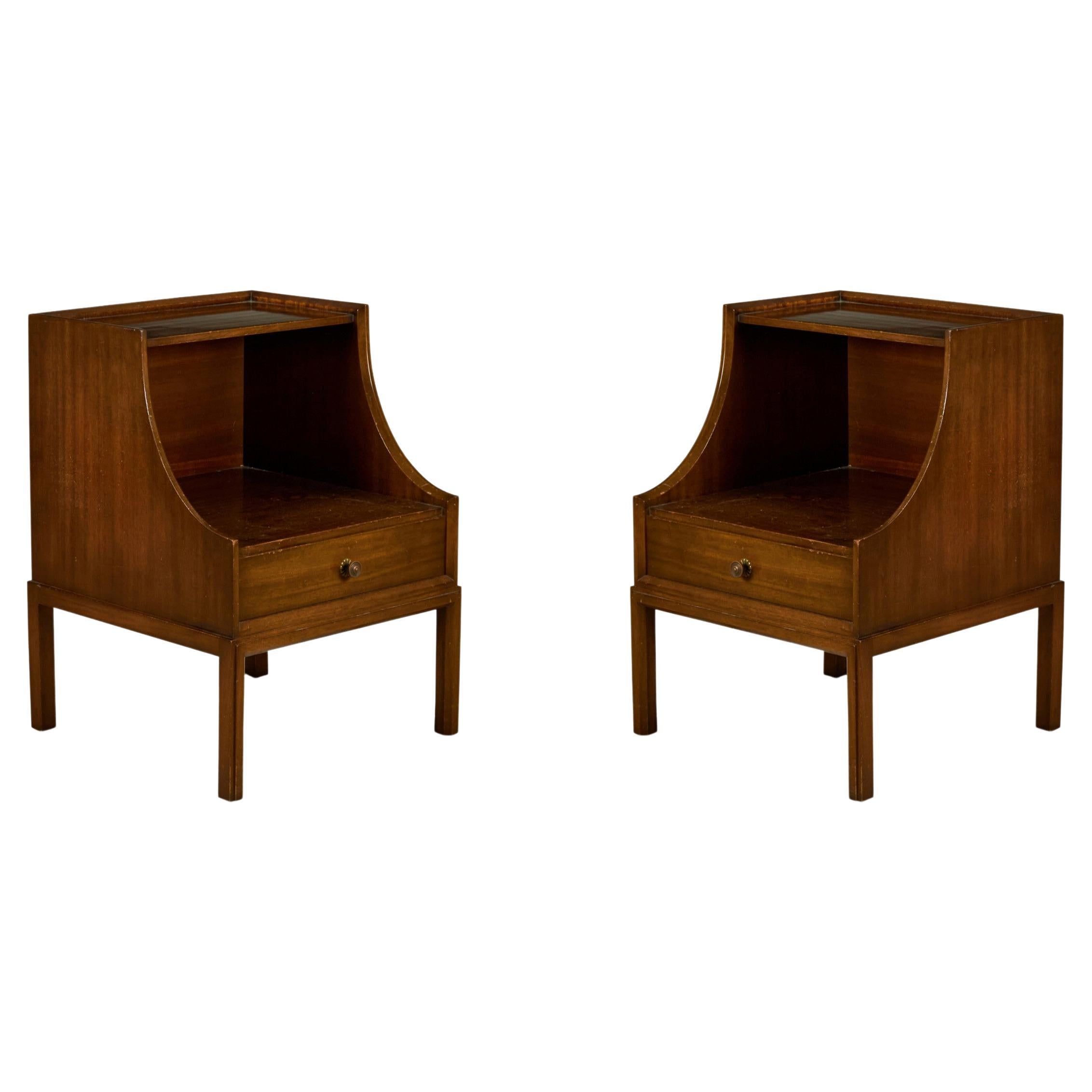 Pair of Tommi Parzinger for Charak Walnut Scoop Front Bedside Tables For Sale