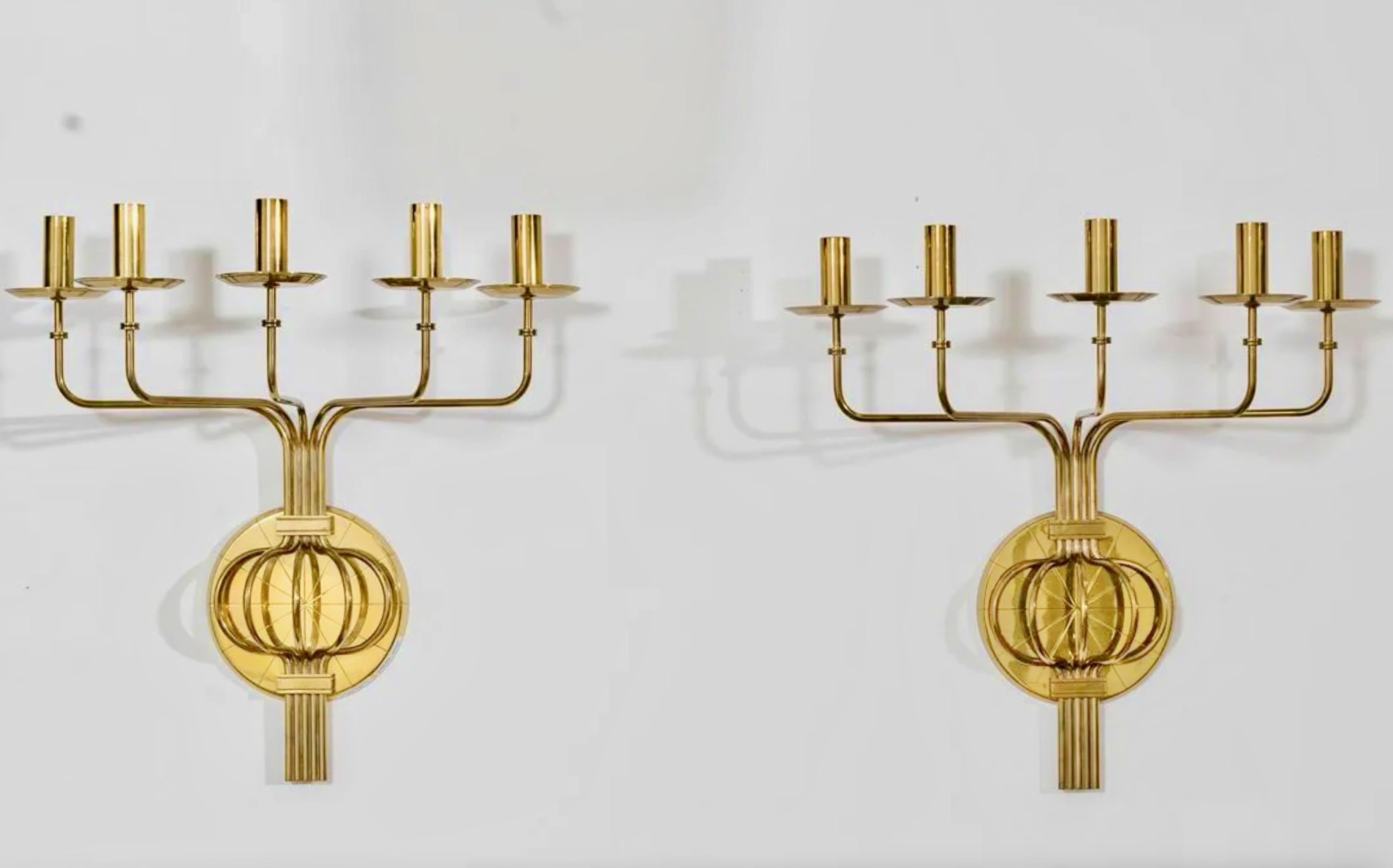 Mid-Century Modern Pair of Tommi Parzinger for Dorlyn Silversmiths Five Arm Candle Sconces For Sale