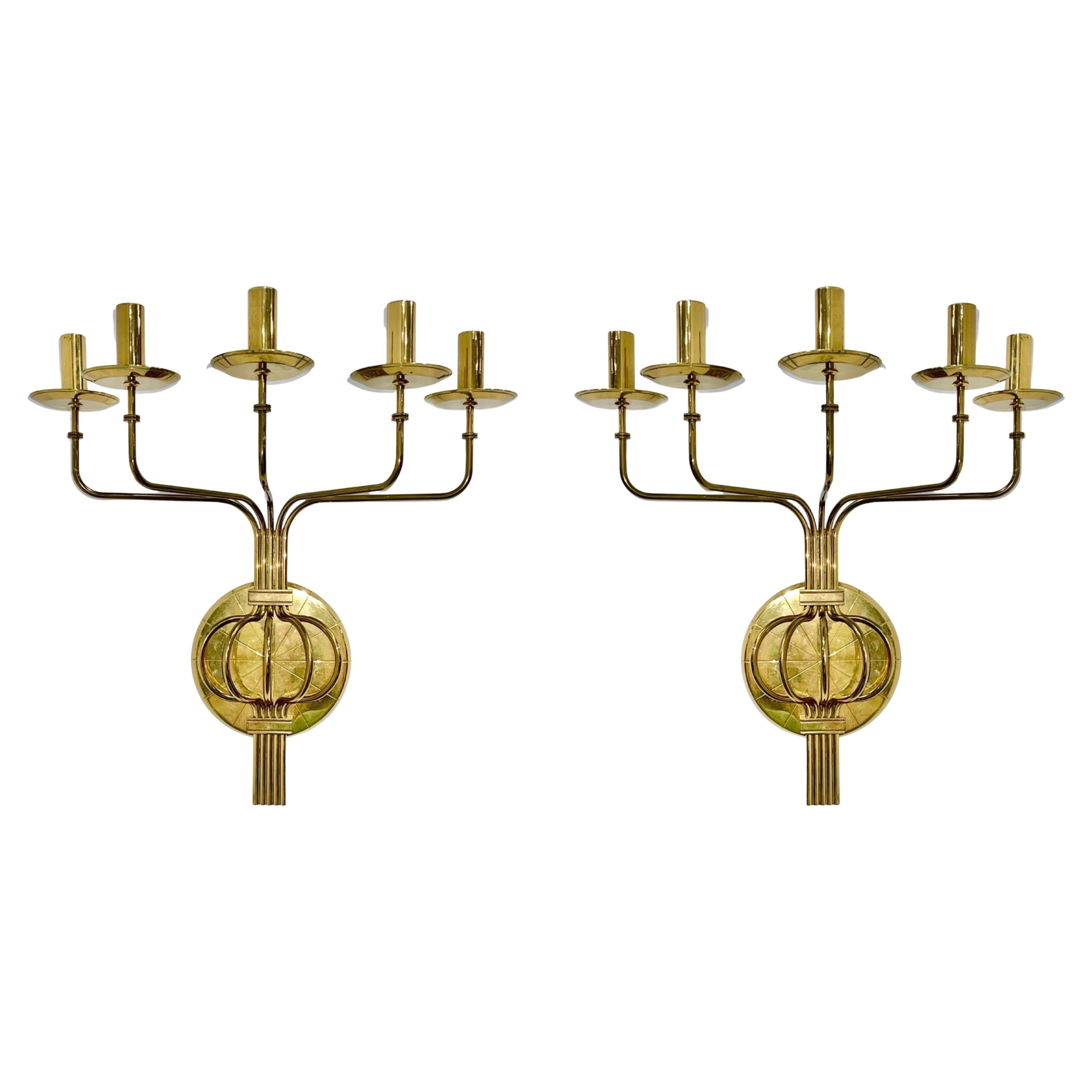 Pair of Tommi Parzinger for Dorlyn Silversmiths Five Arm Candle Sconces For Sale