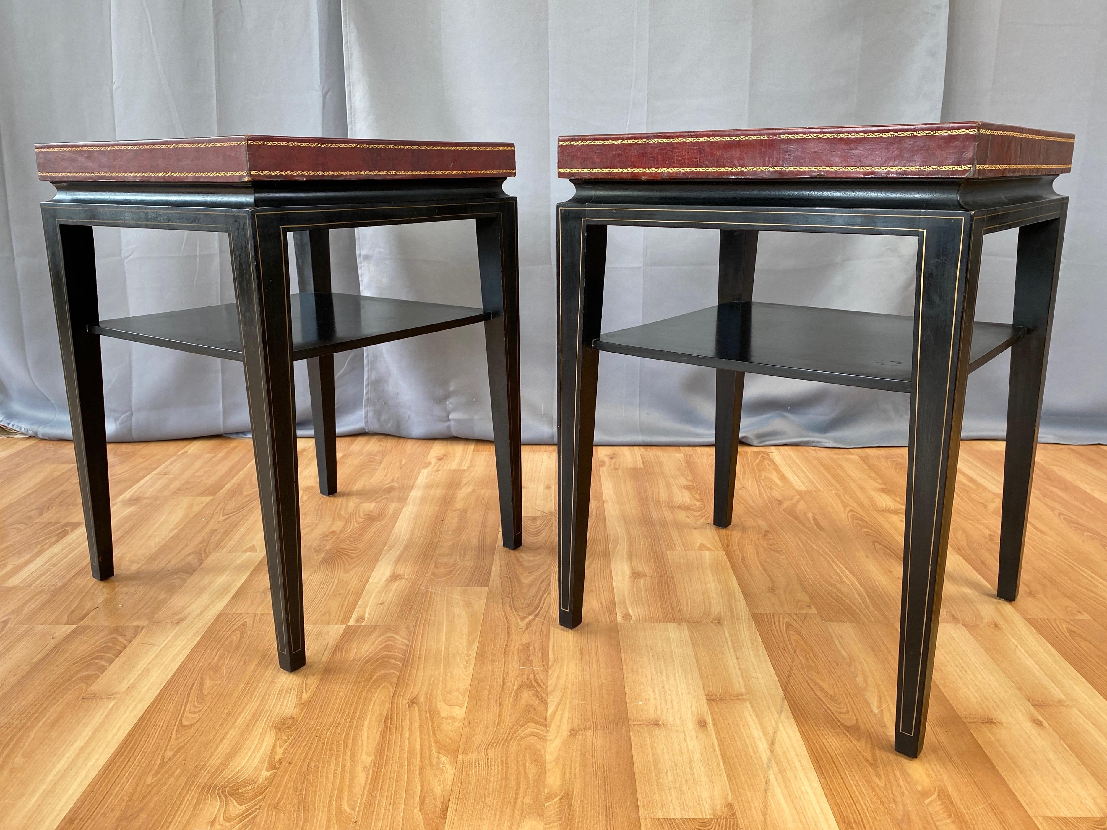 Hollywood Regency Pair of Tommi Parzinger Leather Top Ebonized Mahogany Occasional Tables, 1950s