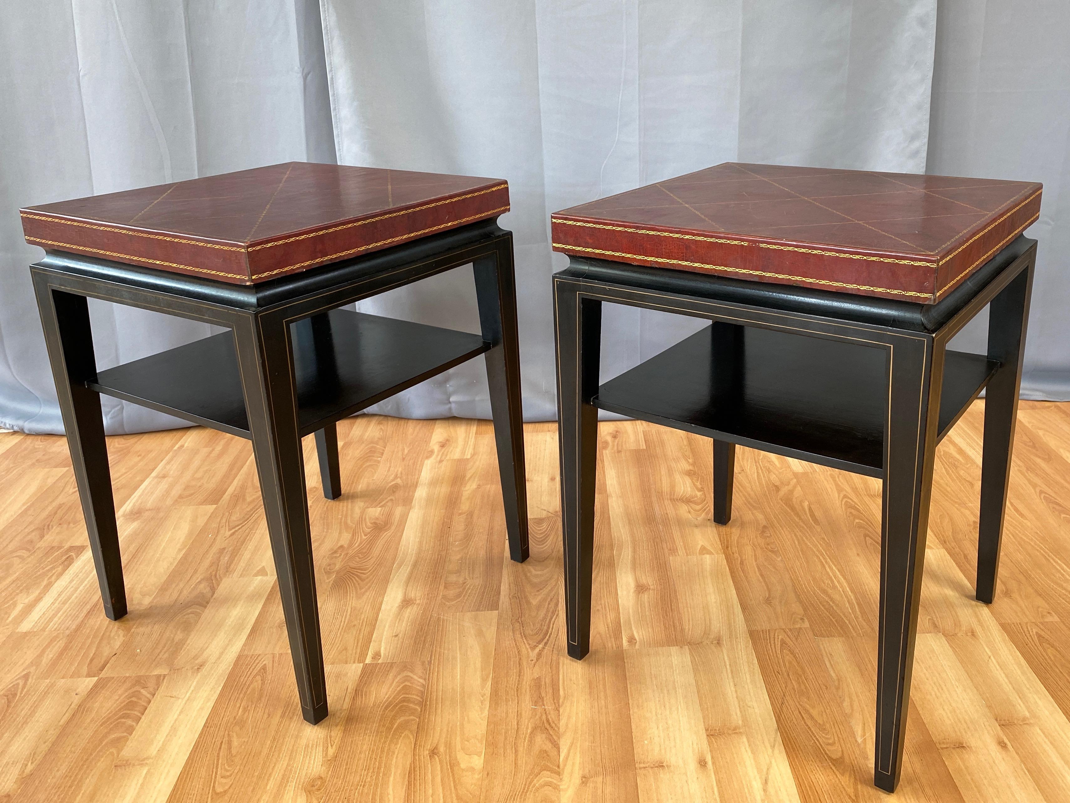 American Pair of Tommi Parzinger Leather Top Ebonized Mahogany Occasional Tables, 1950s