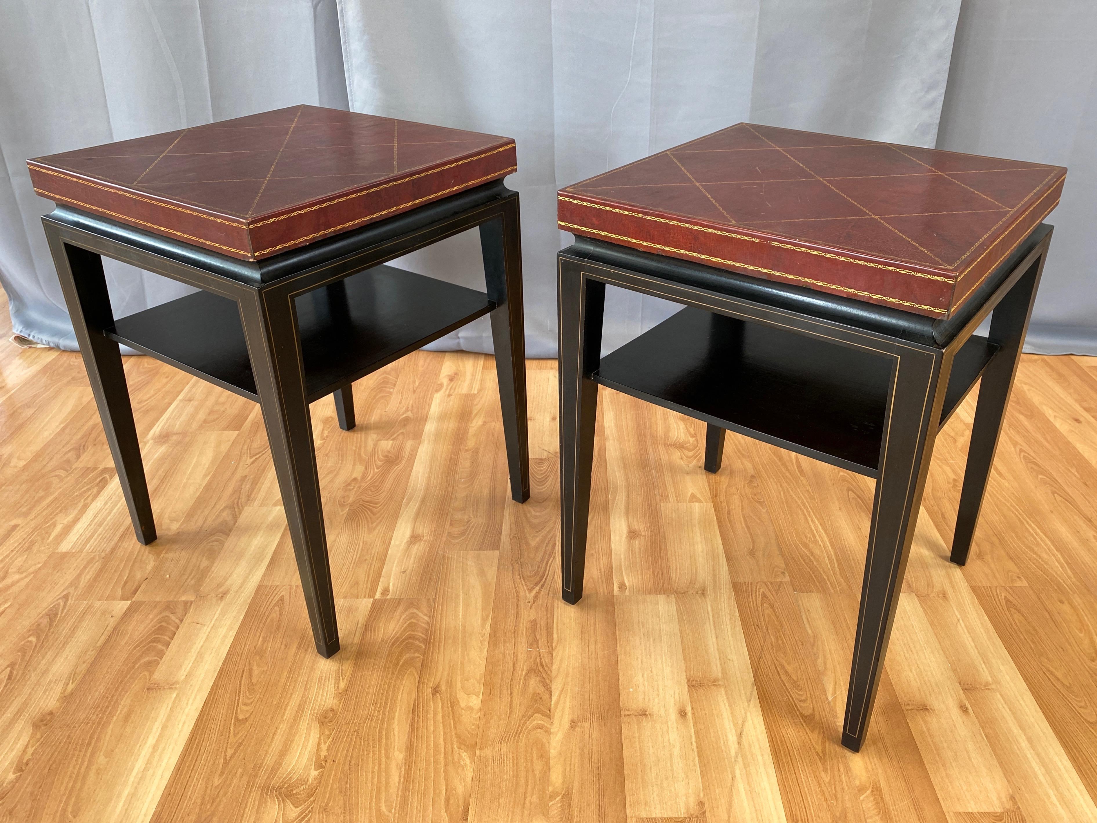Pair of Tommi Parzinger Leather Top Ebonized Mahogany Occasional Tables, 1950s In Good Condition In San Francisco, CA