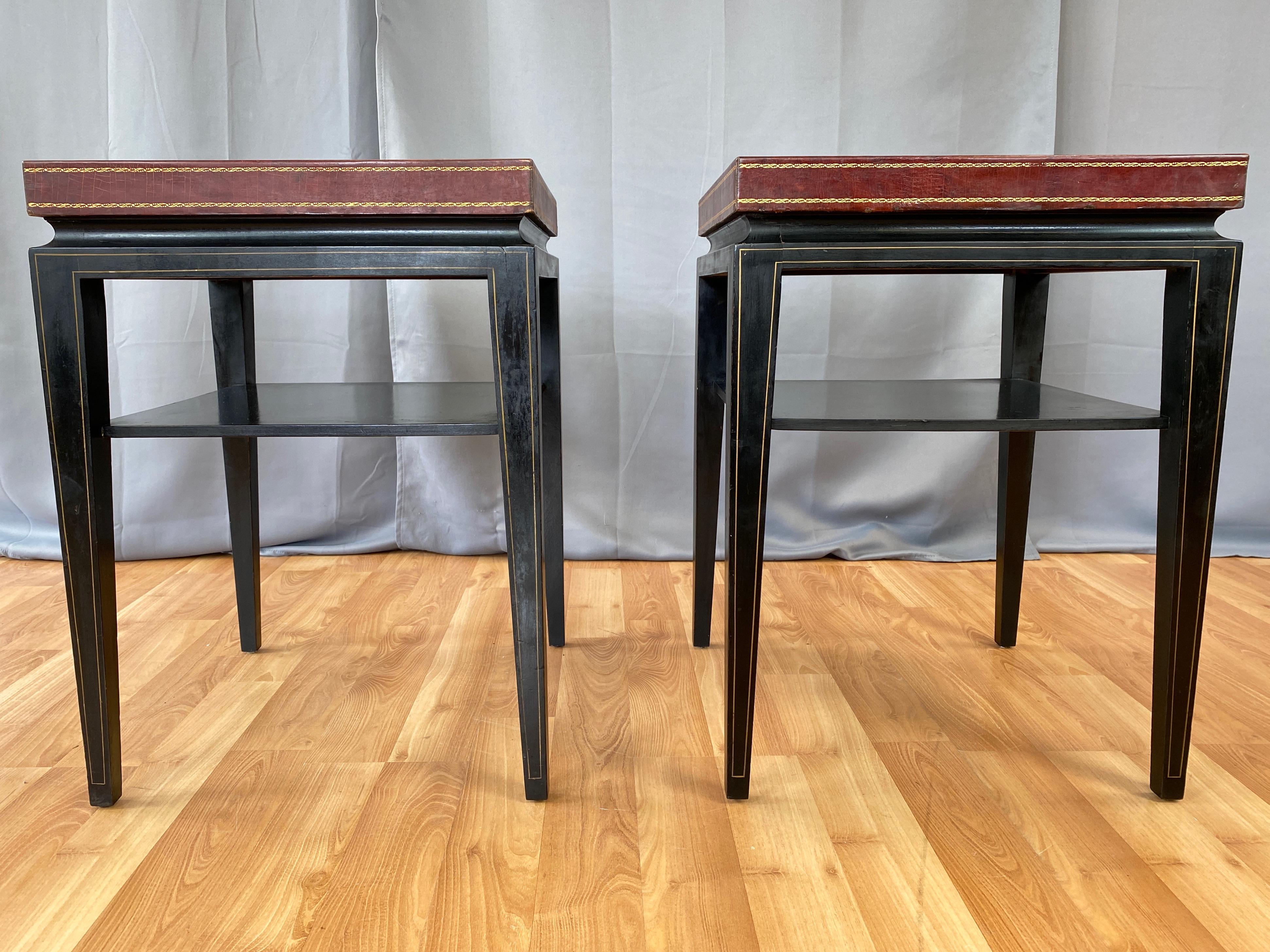 Pair of Tommi Parzinger Leather Top Ebonized Mahogany Occasional Tables, 1950s 1