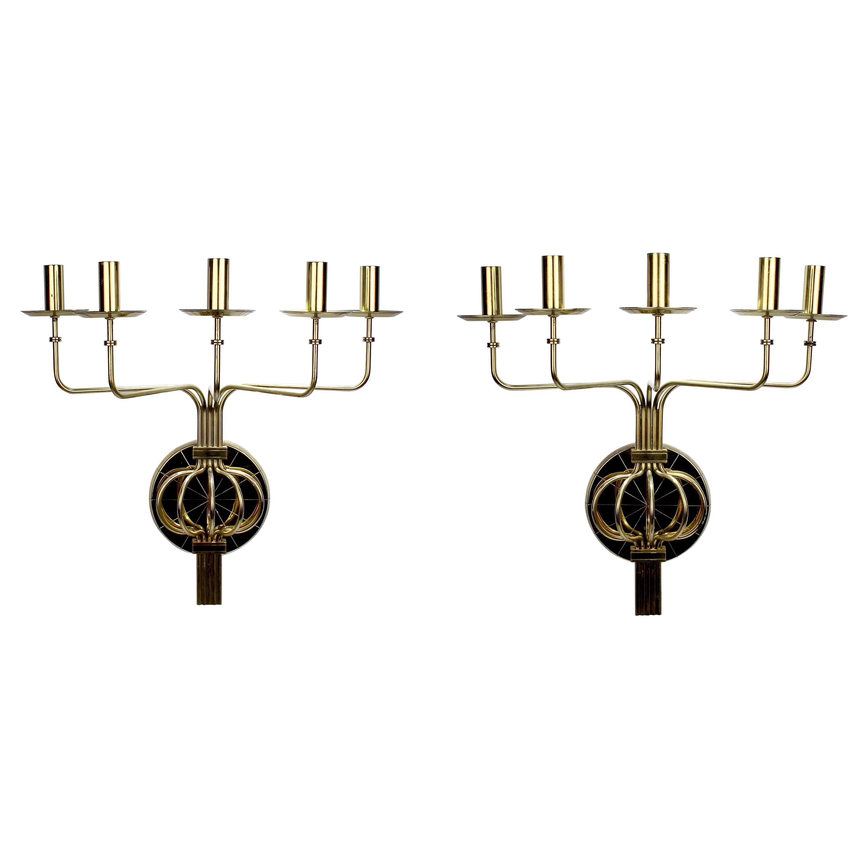 Pair of Tommi Parzinger Mid-Century Modern 5-Light Brass Sconces for Dorlyn For Sale