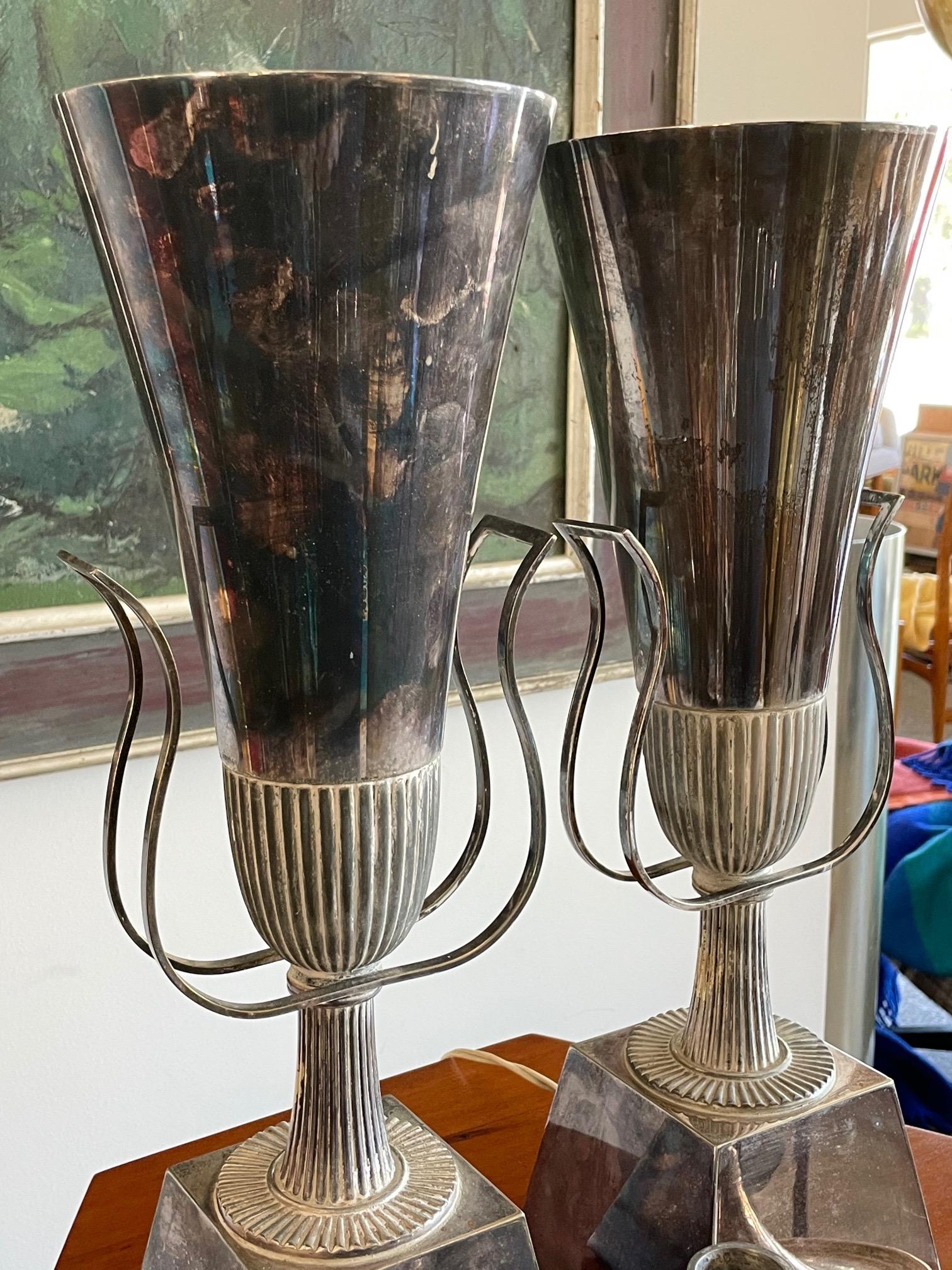 Metal Pair of Tommi Parzinger Urn Lamps For Sale