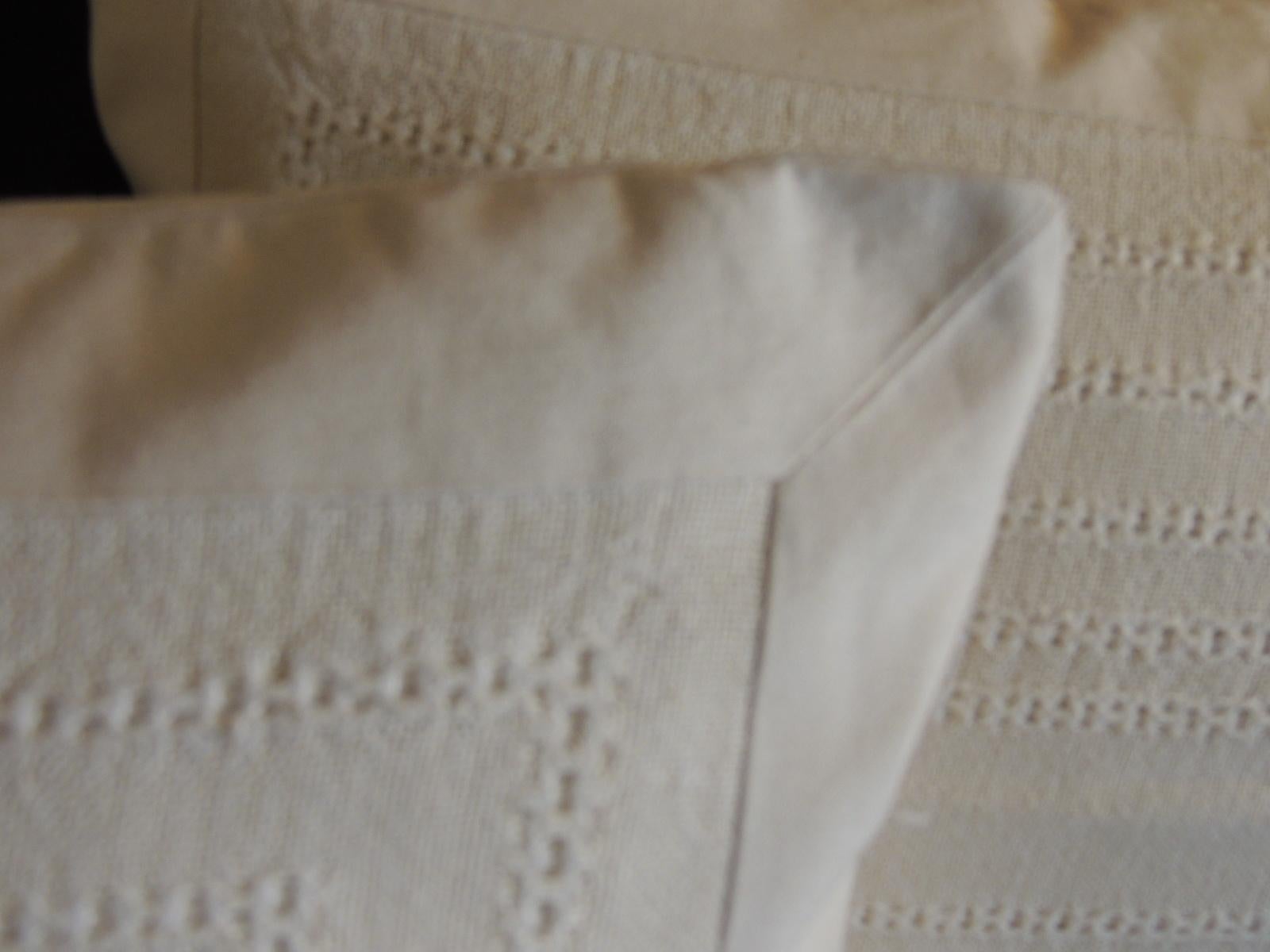Belgian Pair of Tone-on-Tone Beige Eyelet Linen Decorative Bolster Pillows