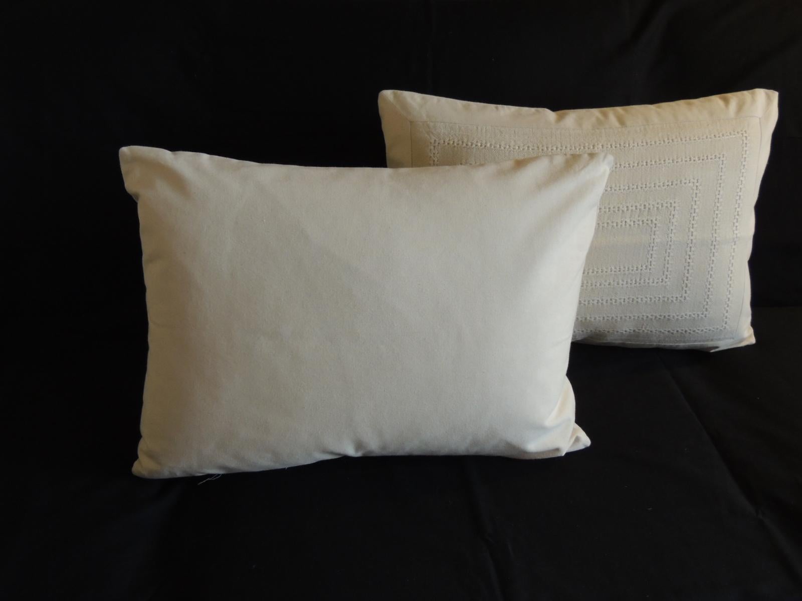 Hand-Crafted Pair of Tone-on-Tone Beige Eyelet Linen Decorative Bolster Pillows