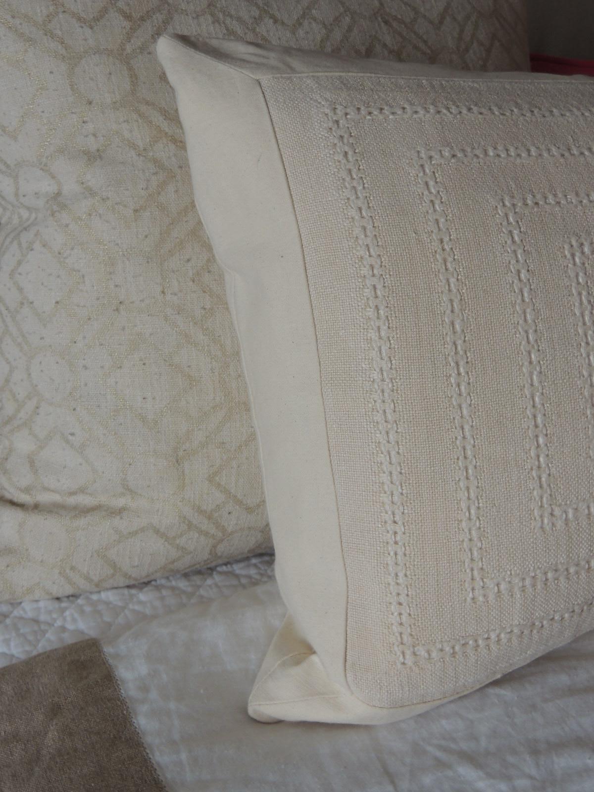 Pair of Tone-on-Tone Beige Eyelet Linen Decorative Bolster Pillows 2