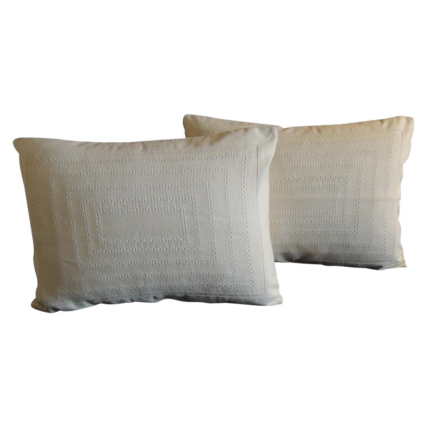 Pair of Tone-on-Tone Beige Eyelet Linen Decorative Bolster Pillows