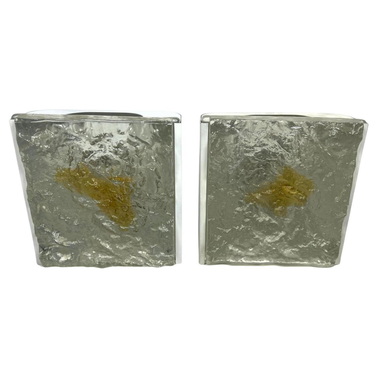 Pair of Toni Zuccheri Clear & Amber Glass Wall Sconces for Mazzega Murano.