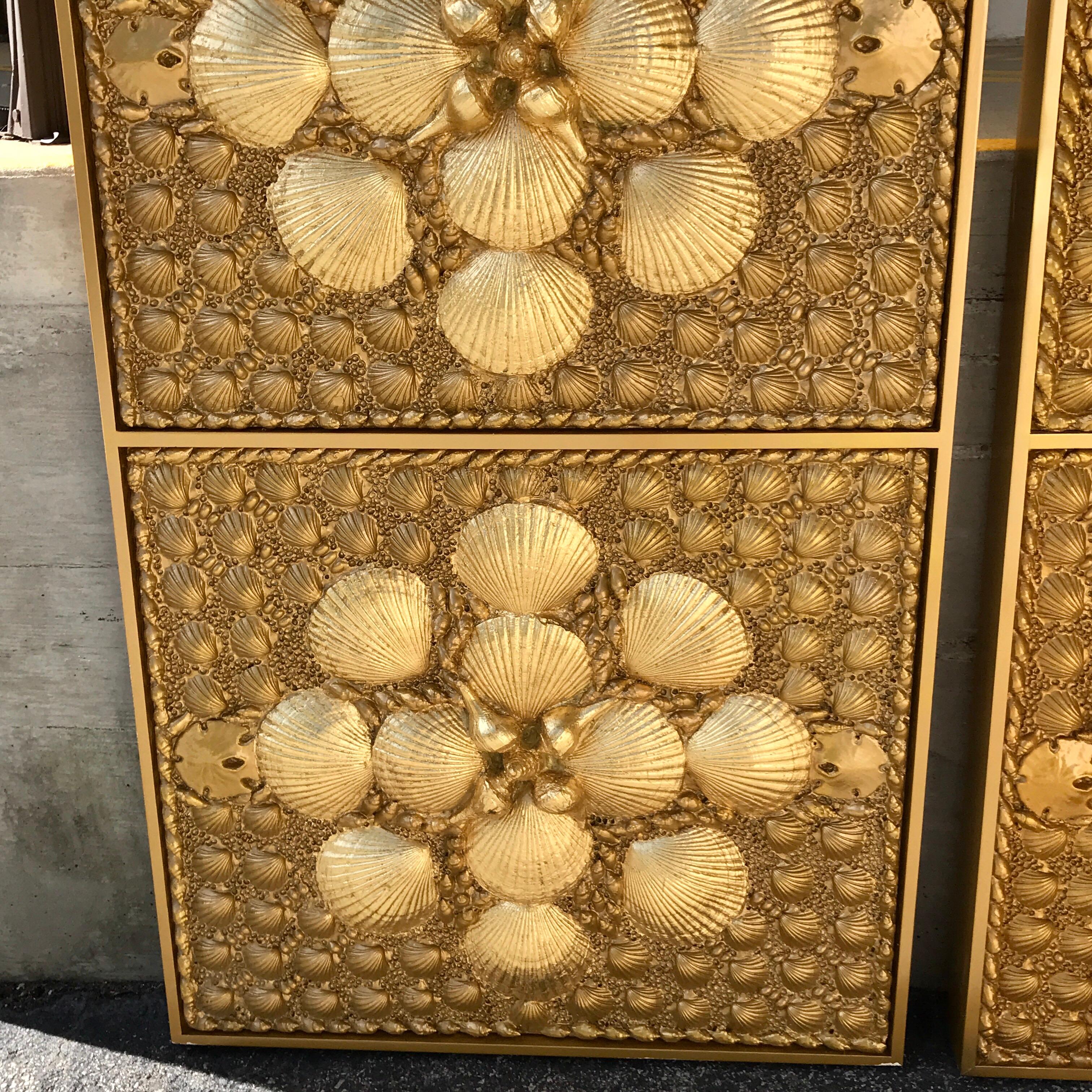 Pair of Tony Duquette gold covered shell panels or screens, each with three inset 33