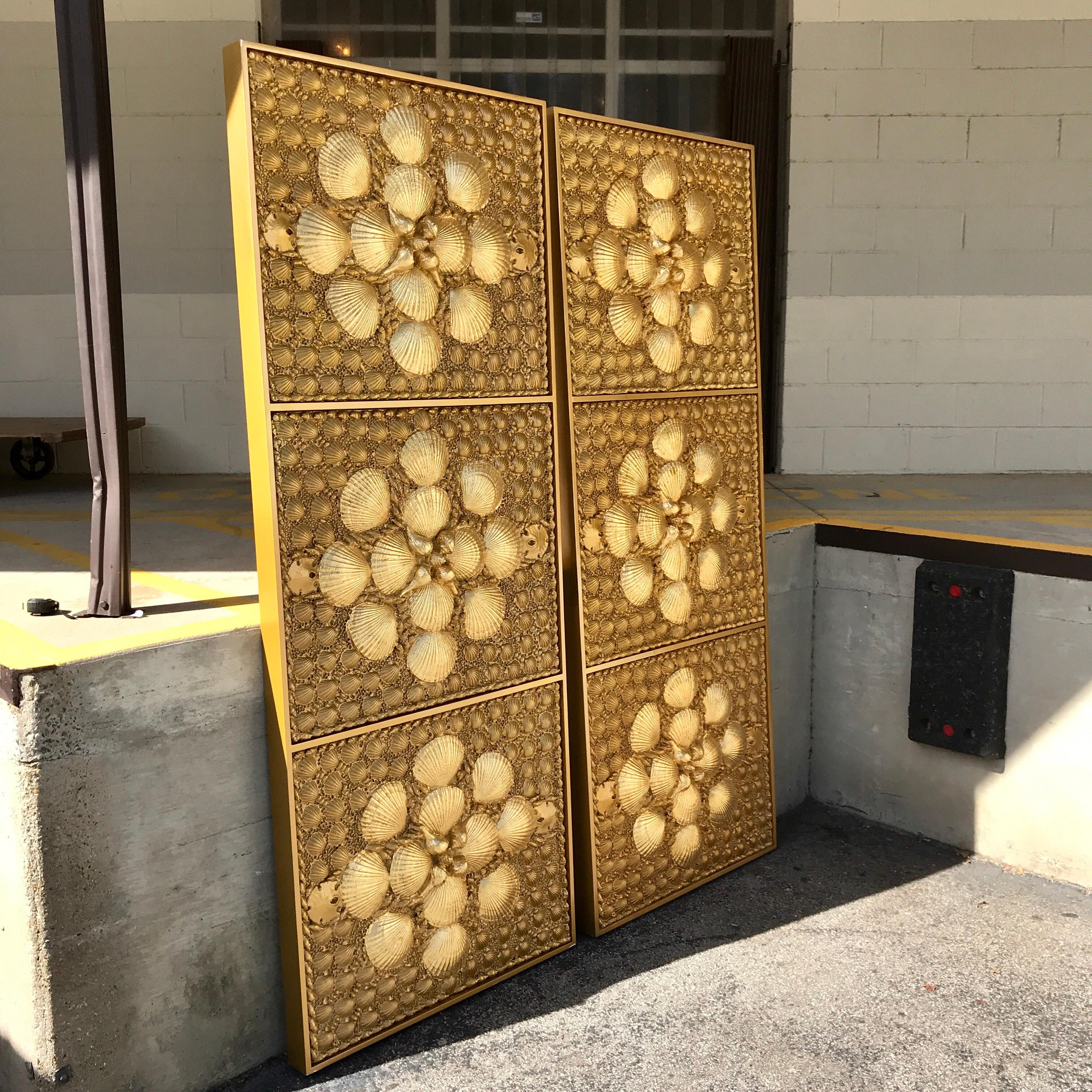 Contemporary Pair of Tony Duquette Gold Covered Shell Panels or Screens For Sale