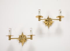 Pair of Tony Duquette Inspired Brass Star Double Arm Sconces.