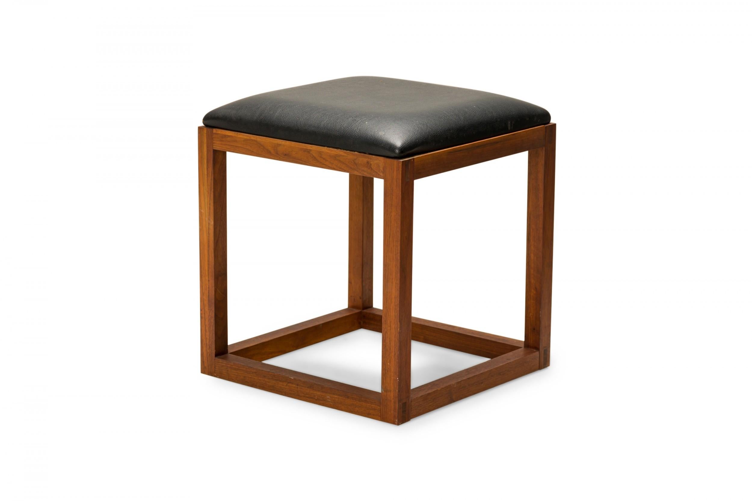 American Pair of Tony Paul Black Leather Upholstered Wooden Cube Stool with Slide Tray For Sale