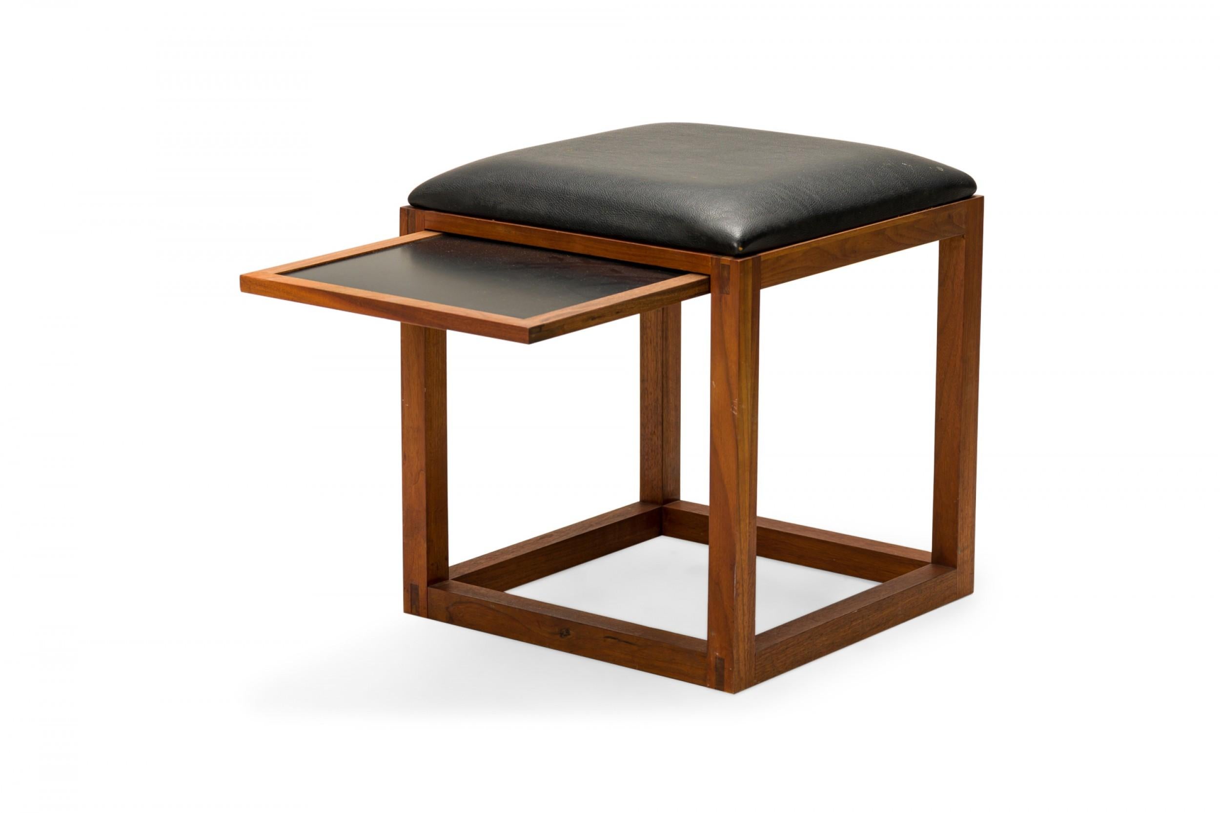 20th Century Pair of Tony Paul Black Leather Upholstered Wooden Cube Stool with Slide Tray For Sale