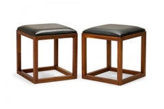 Vintage Pair of Tony Paul Black Leather Upholstered Wooden Cube Stool with Slide Tray