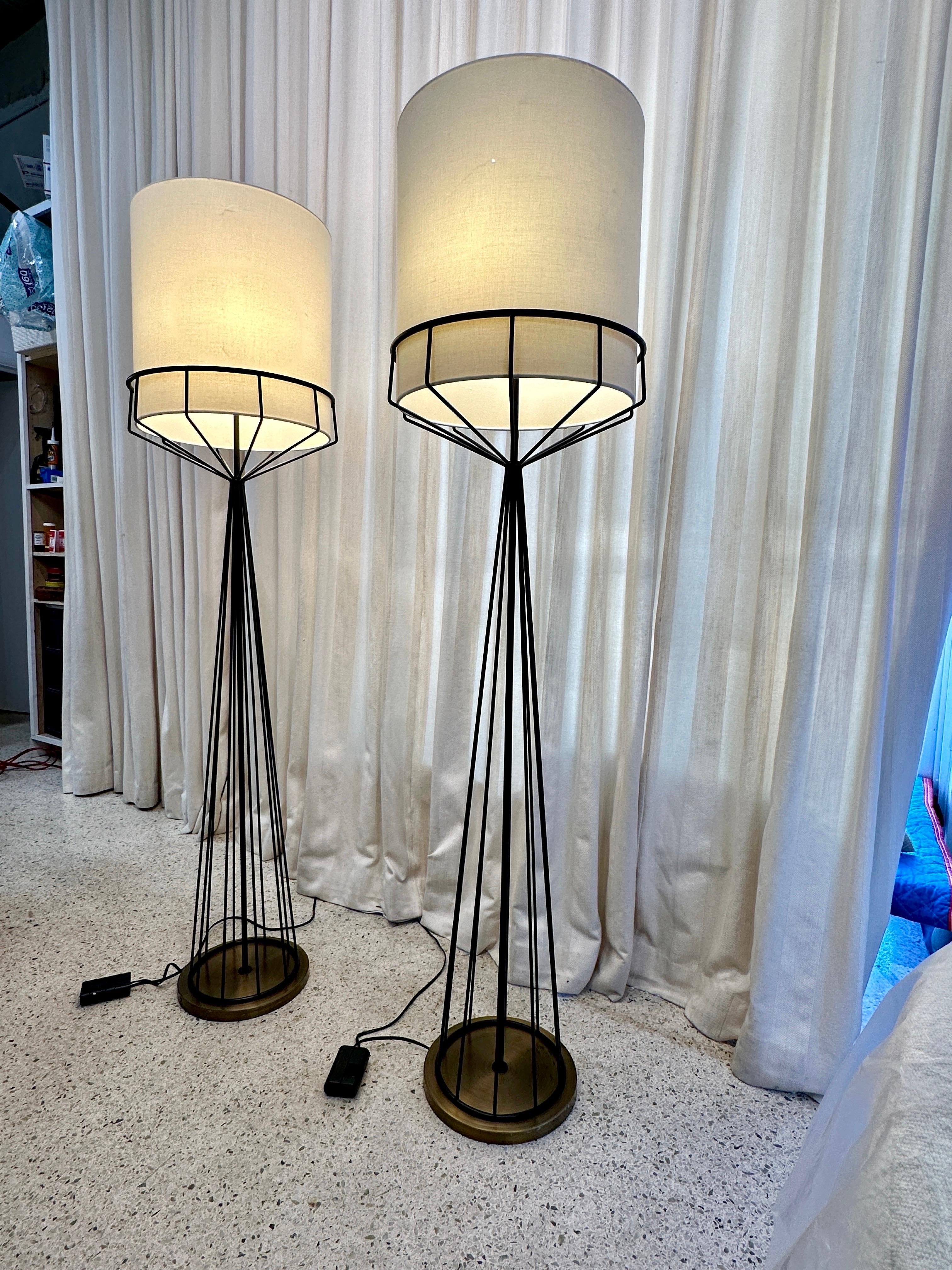 This lovely Pair of Tony Paul original design floor lamps were custom re-made in the 90's for an important Miami Hotel by HB Architectural Lighting in New York. 100% Made in USA with exceptional quality - very heavy weight.  Featuring double sockets