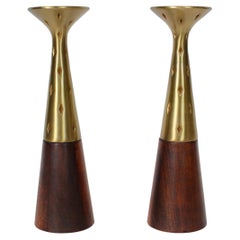 Pair of Tony Paul for Westwood Chadwick Brass & Walnut Candlesticks, 1950s