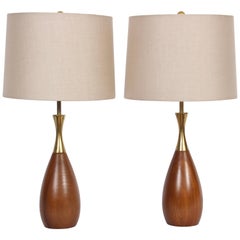 Pair of Tony Paul for Westwood Solid Walnut and Brass Bottle Form Bedside Lamps