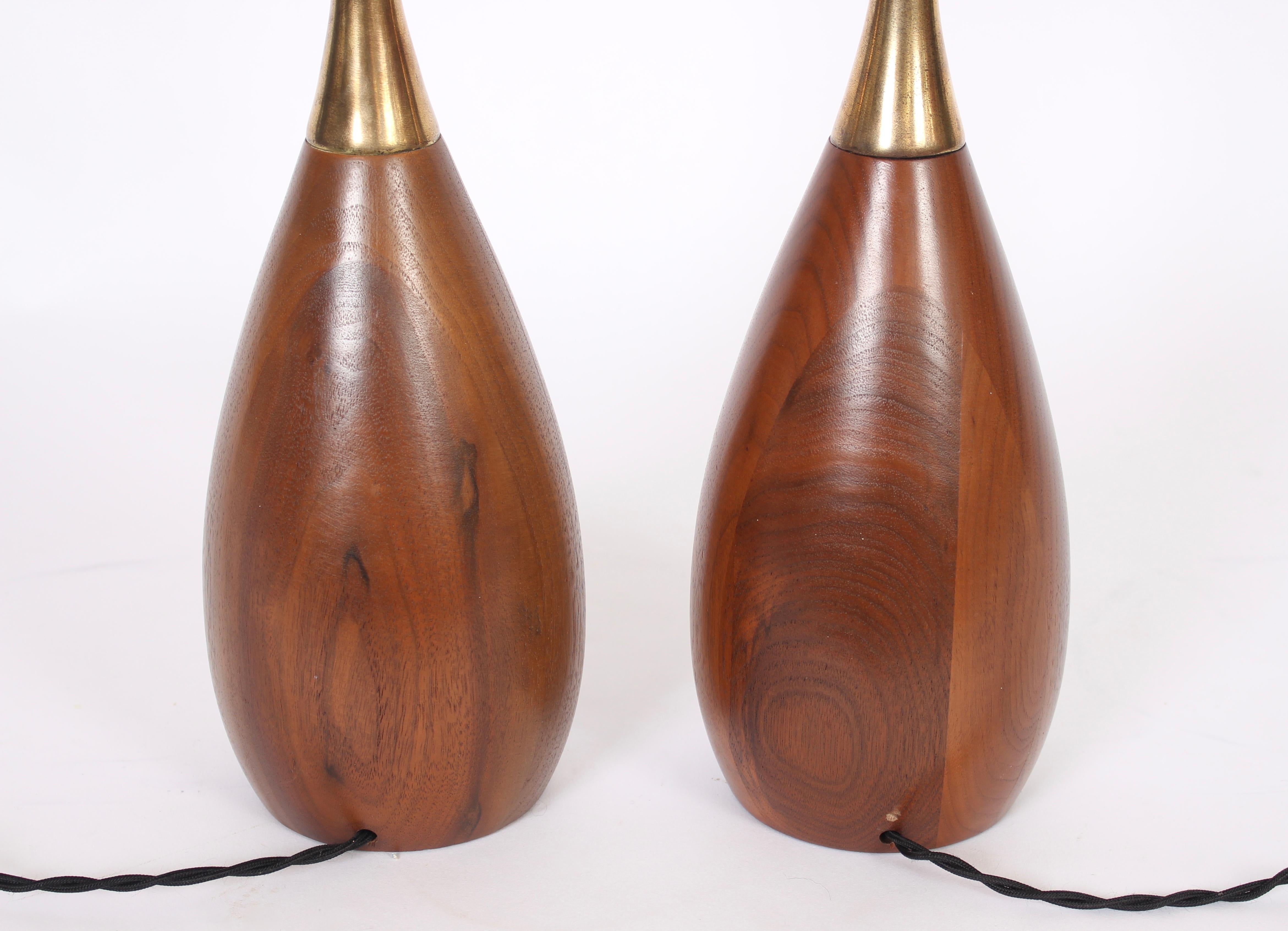 Mid-Century Modern Pair of Tony Paul for Westwood Solid Walnut and Brass Bottle Form Bedside Lamps