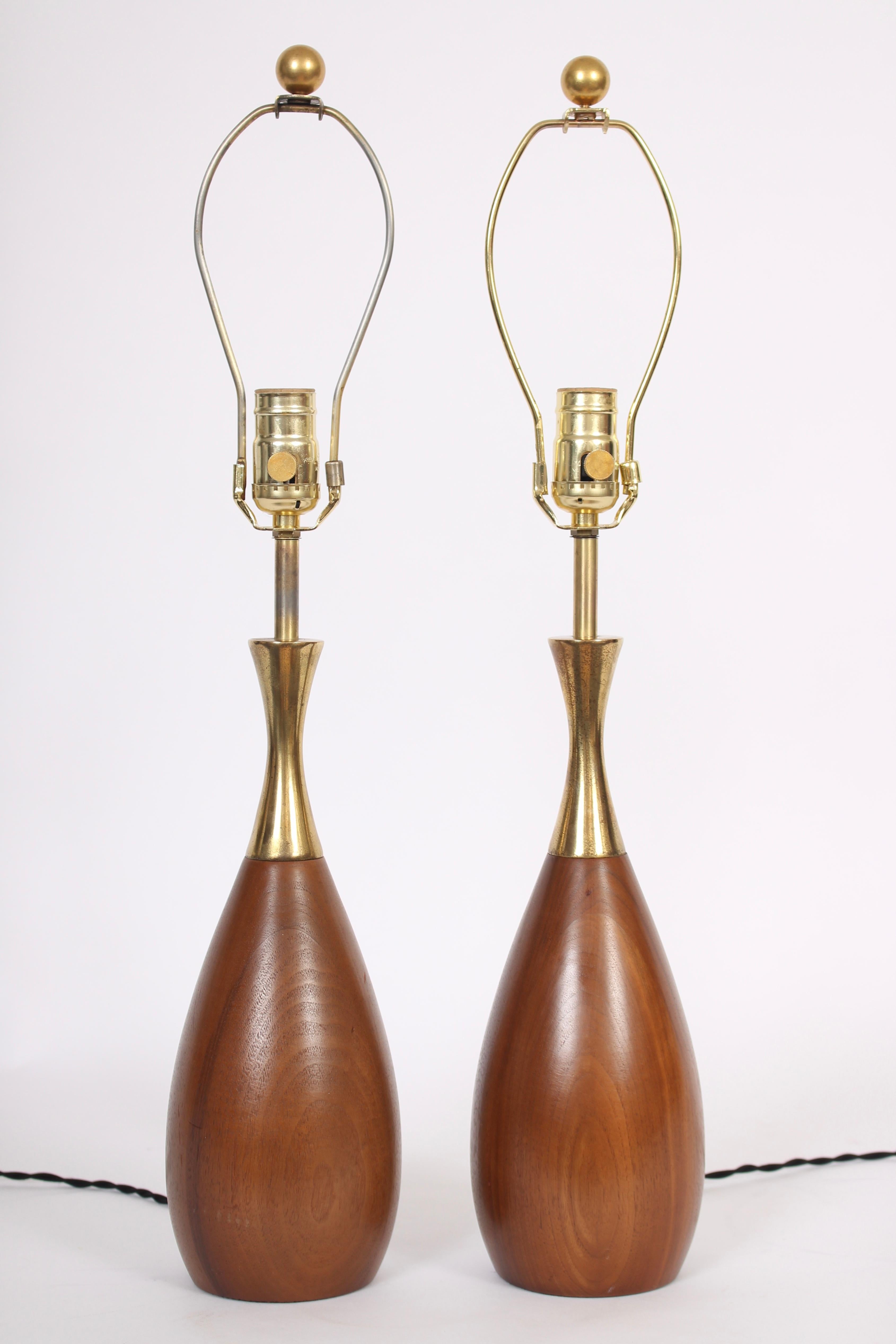 Pair of Tony Paul for Westwood Solid Walnut and Brass Bottle Form Bedside Lamps In Good Condition In Bainbridge, NY