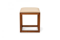 Pair of Tony Paul Gray Leather Upholstered Wooden Cube Stool with Slide Tray