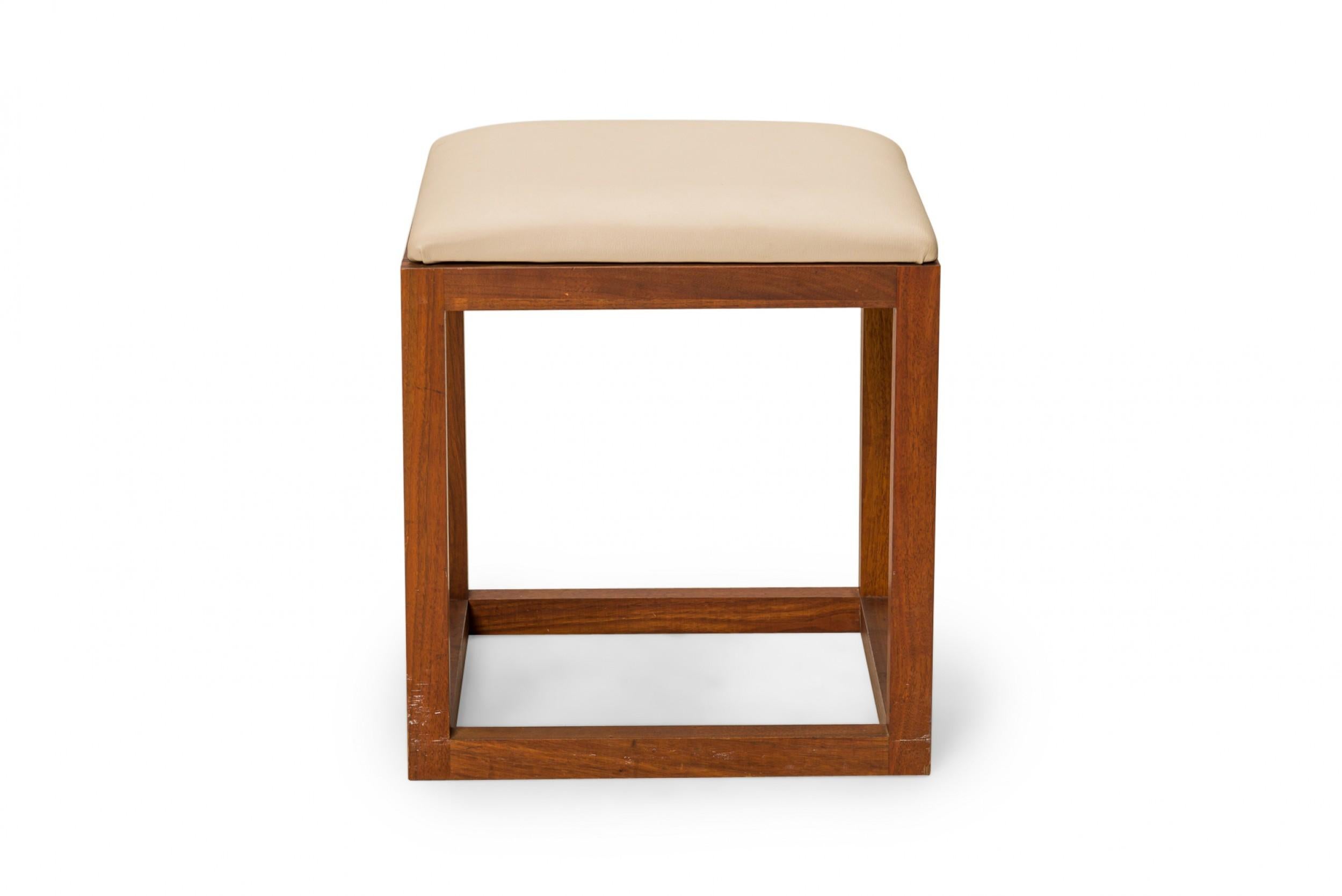 Mid-Century Modern Pair of Tony Paul Gray Leather Upholstered Wooden Cube Stool with Slide Tray For Sale