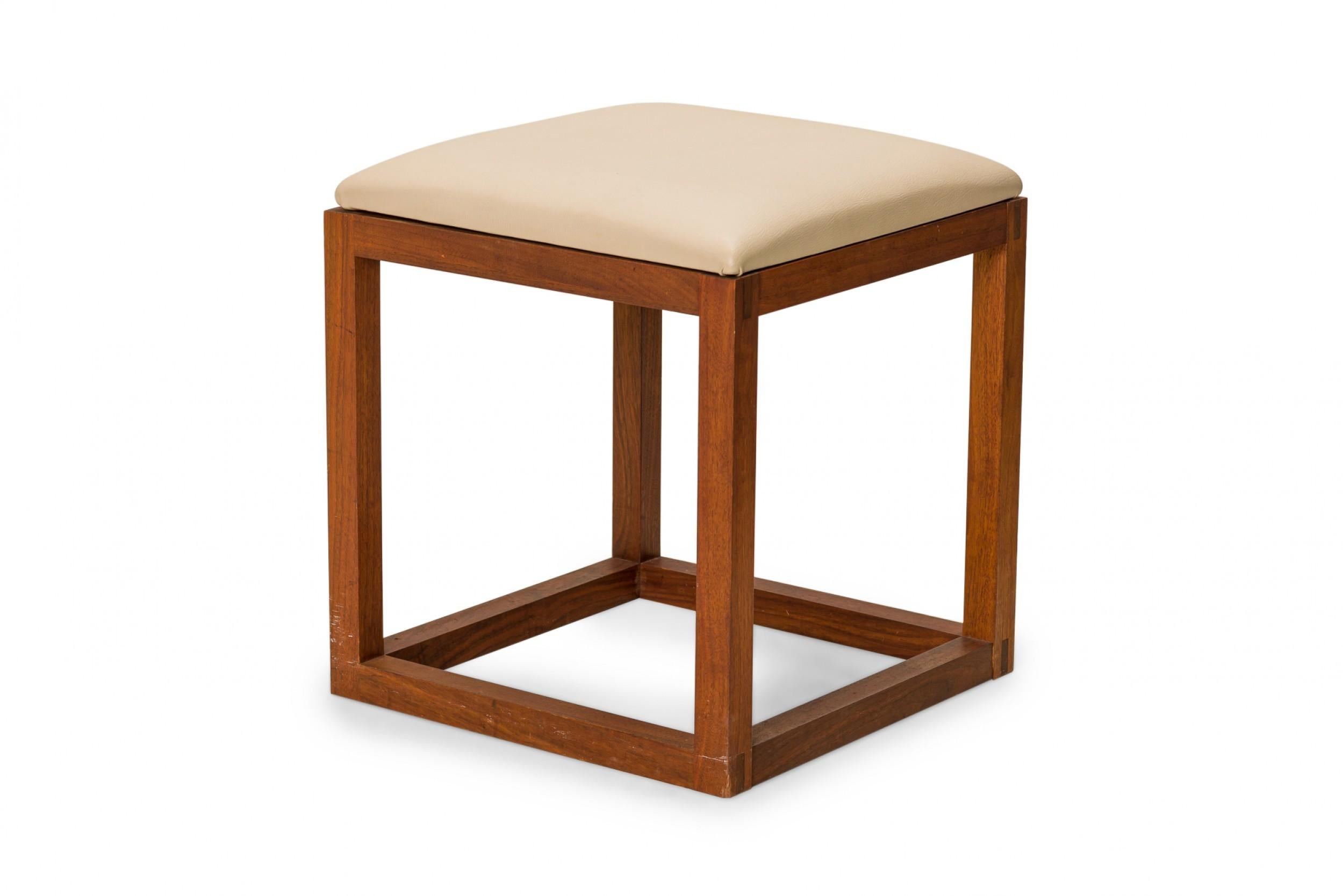 American Pair of Tony Paul Gray Leather Upholstered Wooden Cube Stool with Slide Tray For Sale