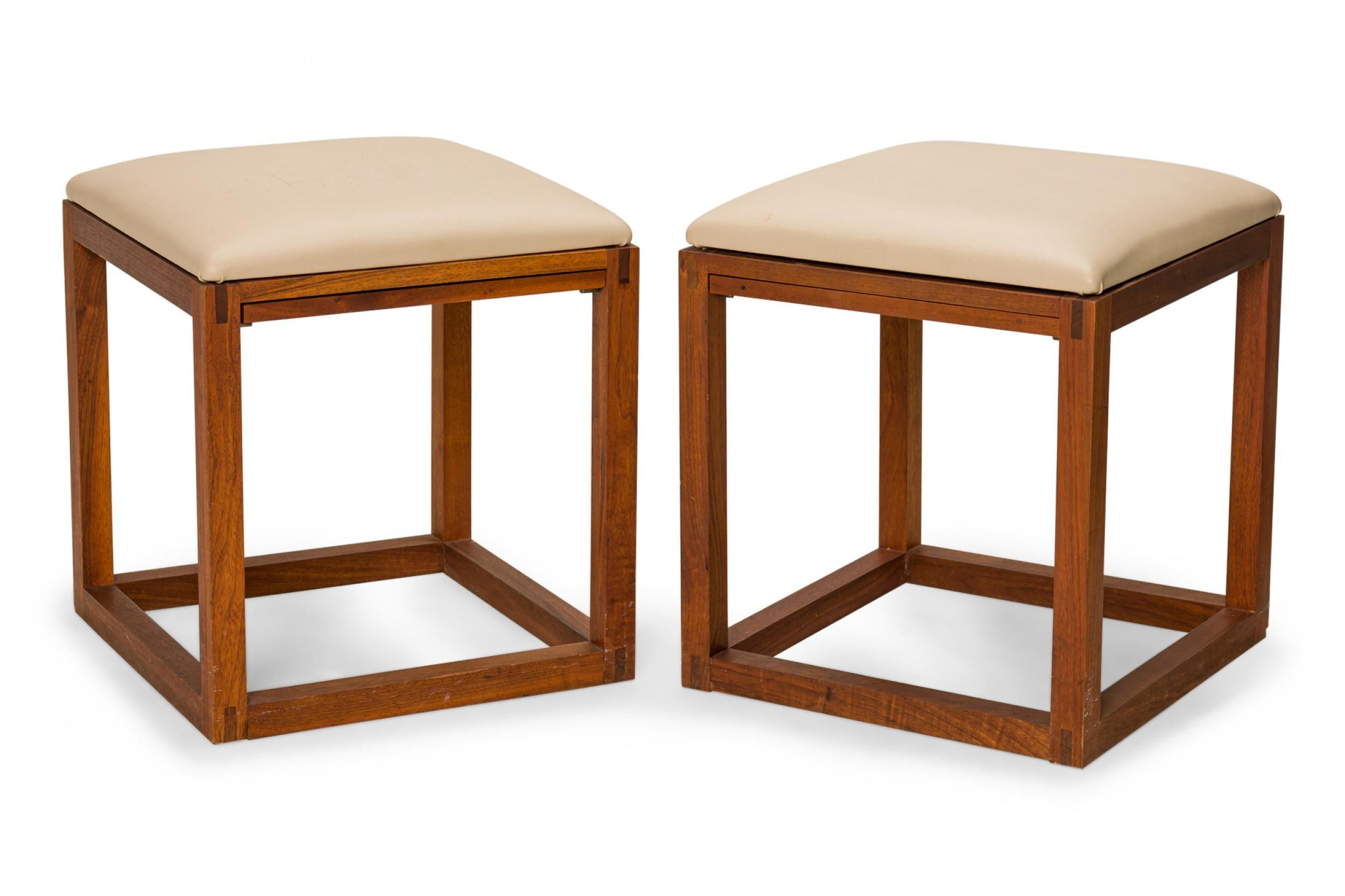 Pair of Tony Paul Gray Leather Upholstered Wooden Cube Stool with Slide Tray