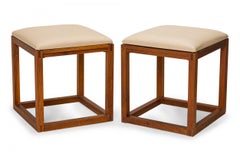 Vintage Pair of Tony Paul Gray Leather Upholstered Wooden Cube Stool with Slide Tray