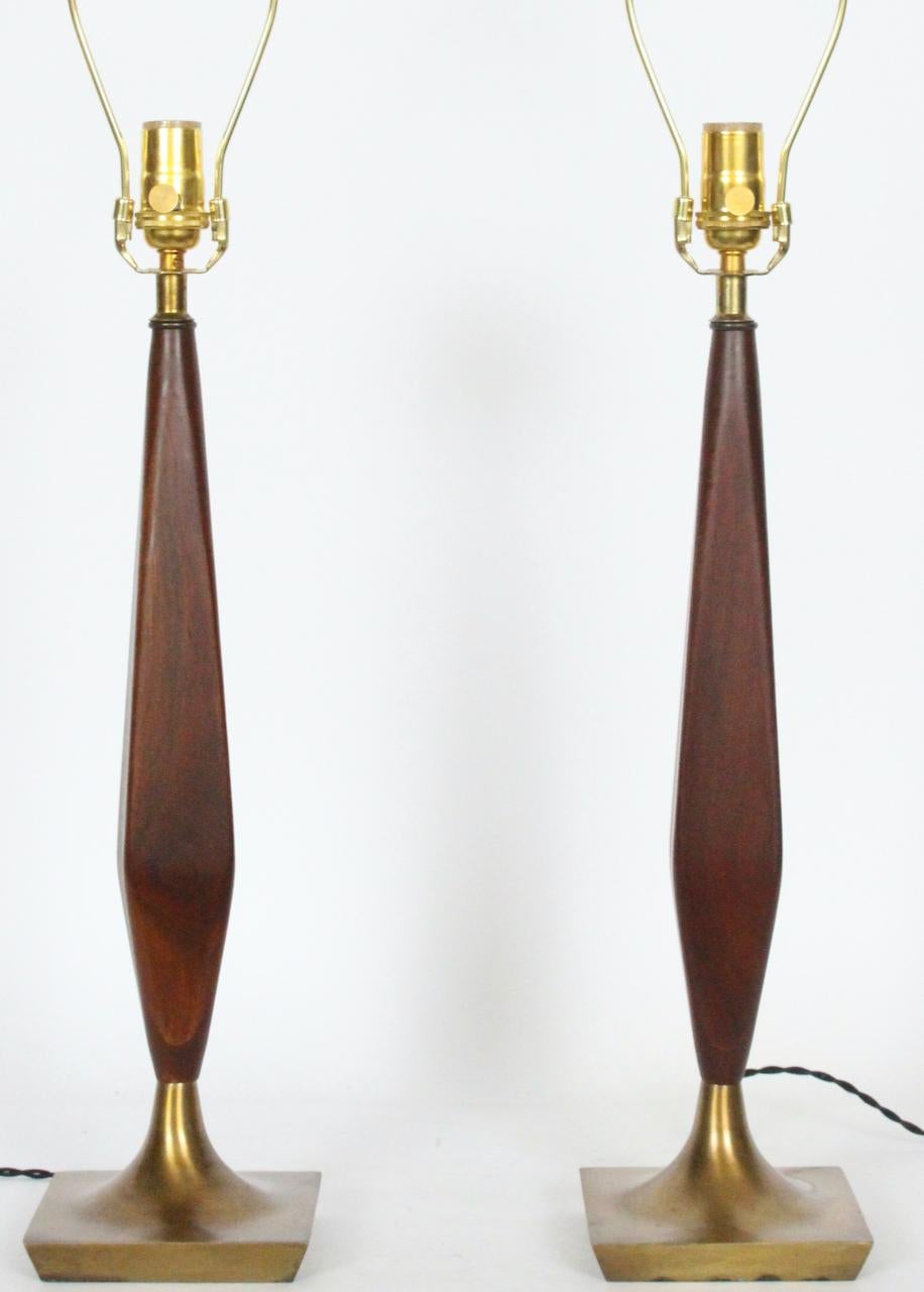 Pair of Tony Paul Style Walnut and Brass Candlestick Table Lamps, 1950s 6