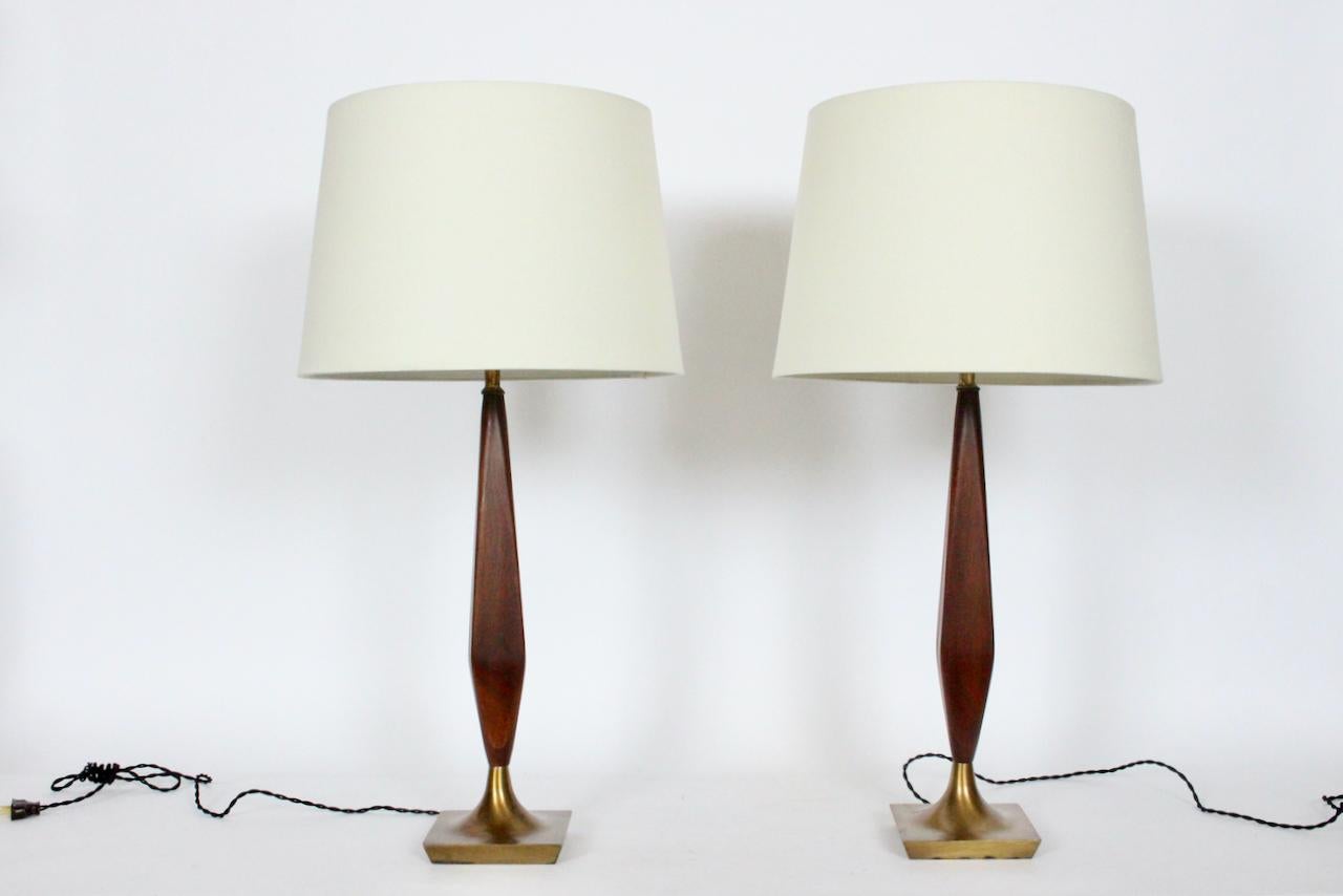 Pair of Tony Paul Style Walnut and Brass Candlestick Table Lamps, 1950s 7